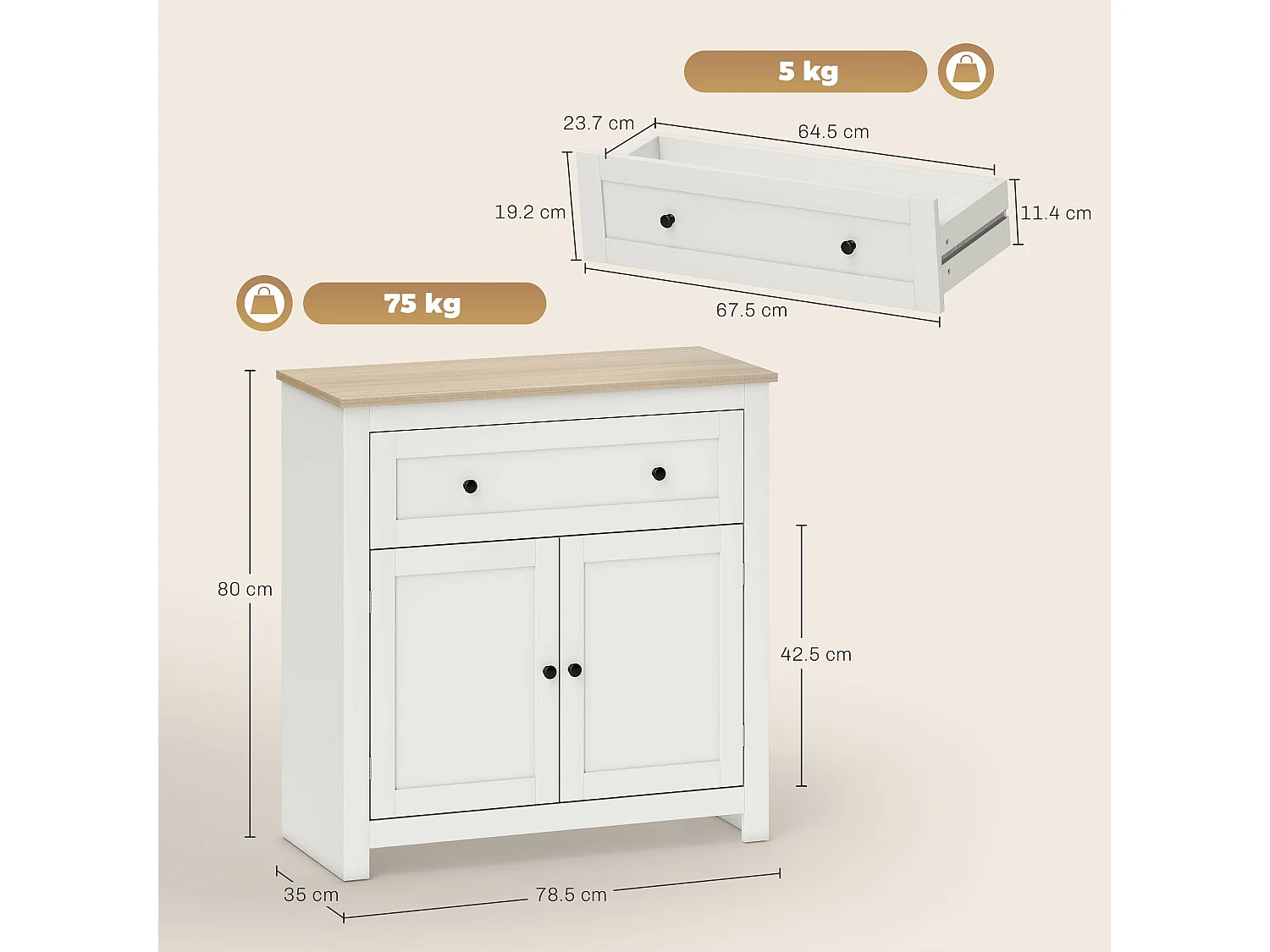 Viso Cream White Sideboard 2 Doors Drawer Adjustable Shelf Oak Accents