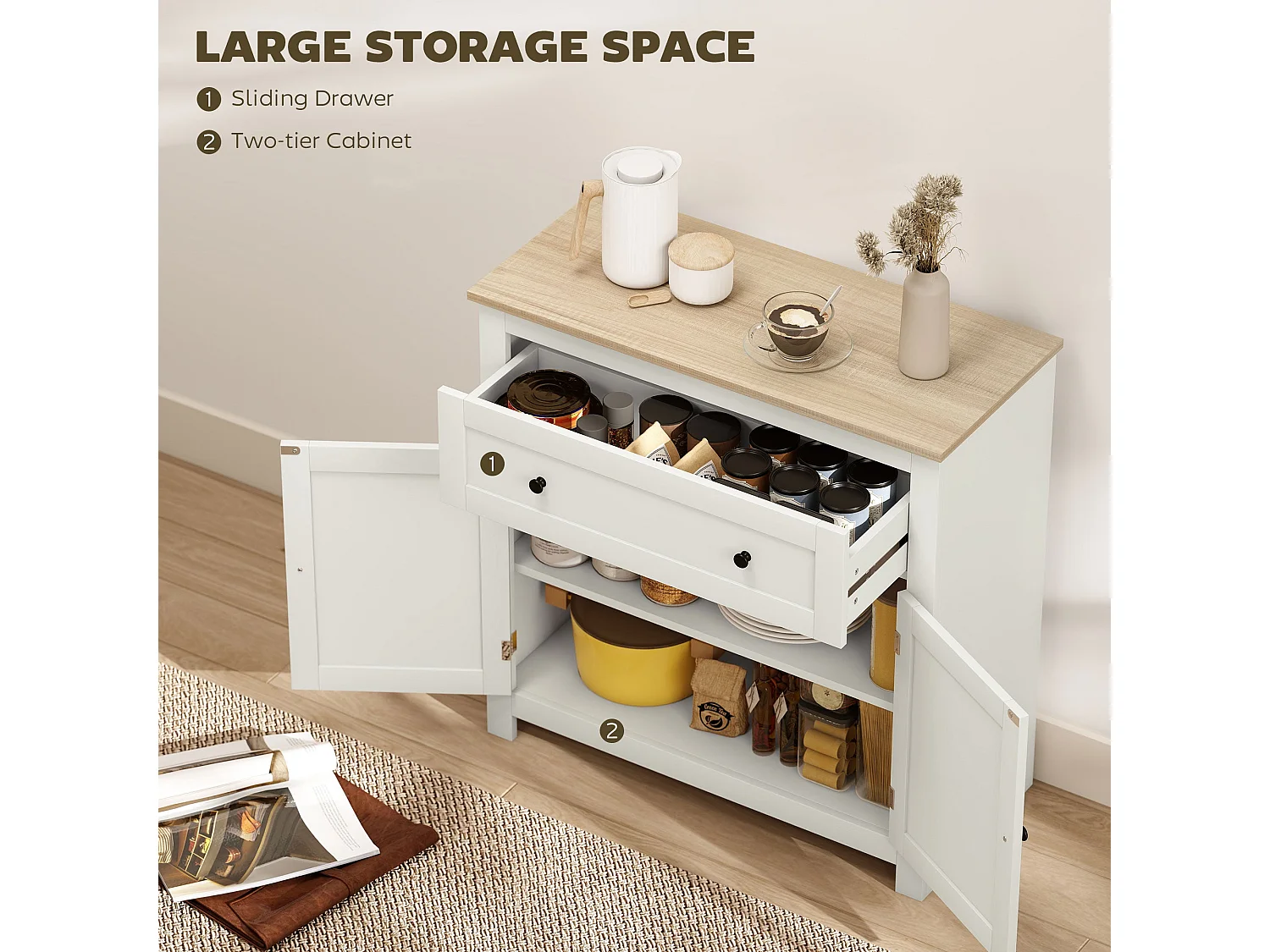 Viso Cream White Sideboard 2 Doors Drawer Adjustable Shelf Oak Accents