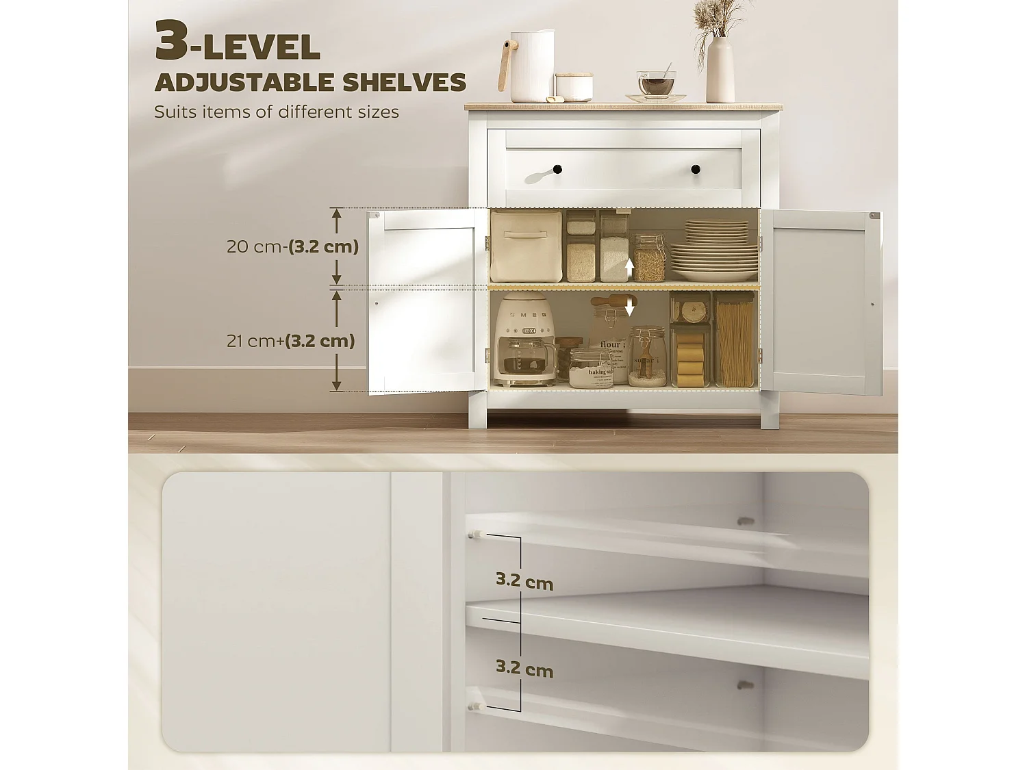 Viso Cream White Sideboard 2 Doors Drawer Adjustable Shelf Oak Accents