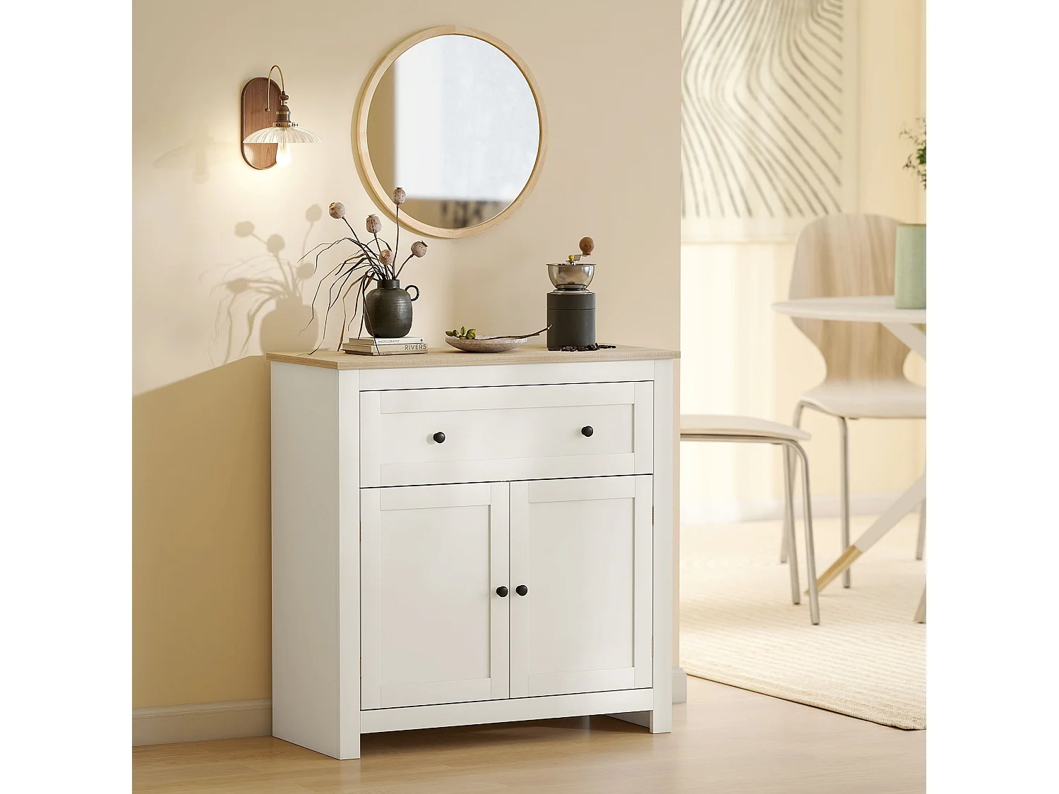 Viso Cream White Sideboard 2 Doors Drawer Adjustable Shelf Oak Accents