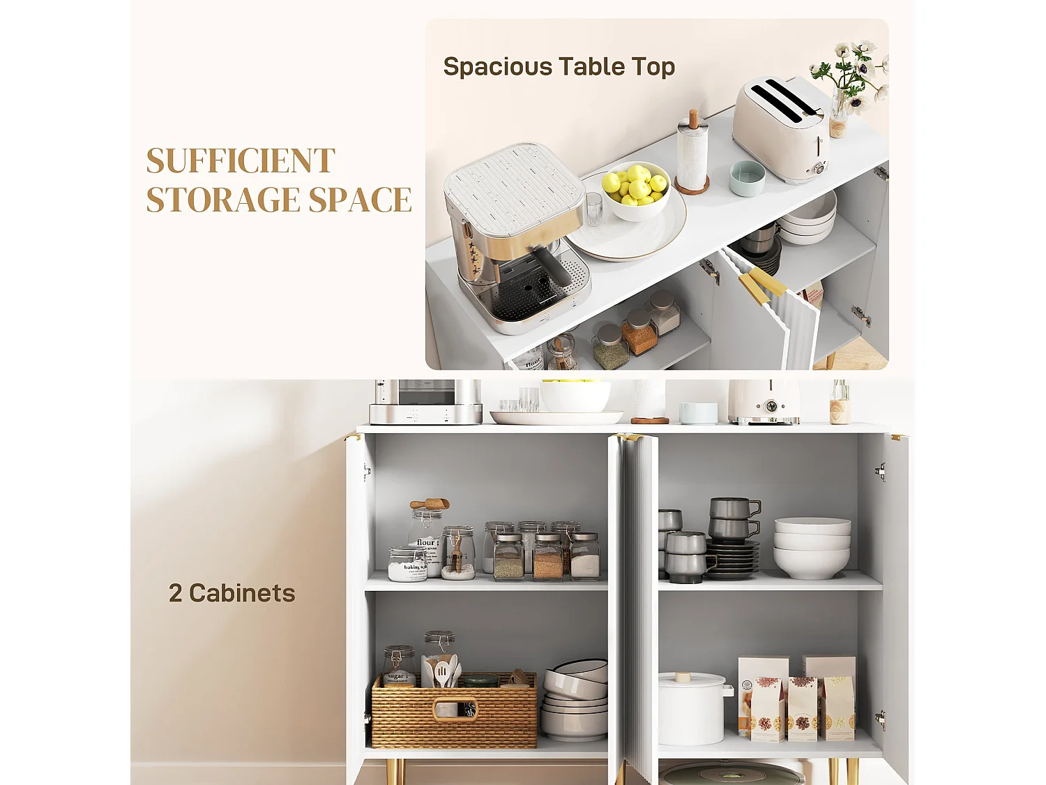 Vinotti 4 Door White Sideboard 2 Adjustable Shelves Metal Base