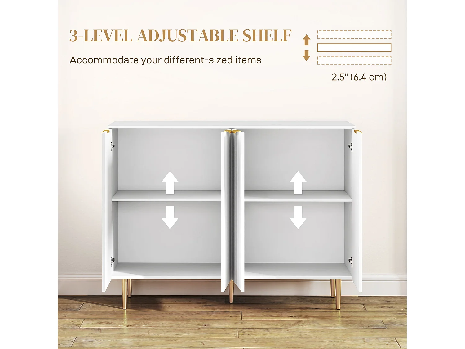 Vinotti 4 Door White Sideboard 2 Adjustable Shelves Metal Base