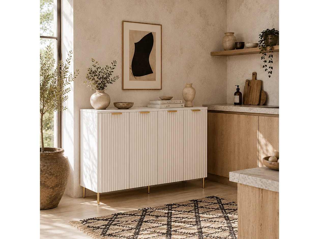 Vinotti 4 Door White Sideboard 2 Adjustable Shelves Metal Base