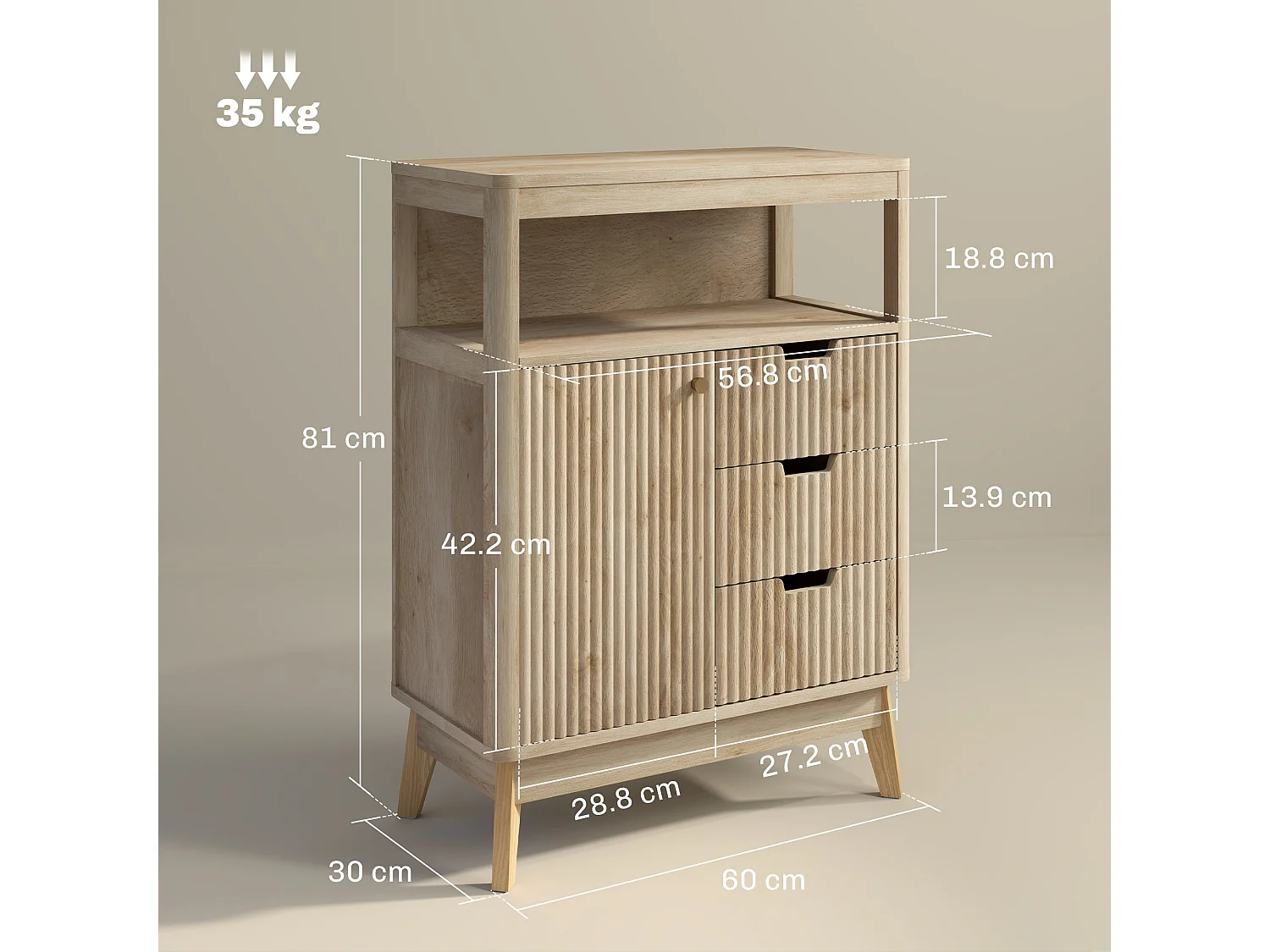 Cova Vira Sideboard Natural Wood Finish 3 Drawers Adjustable Shelf
