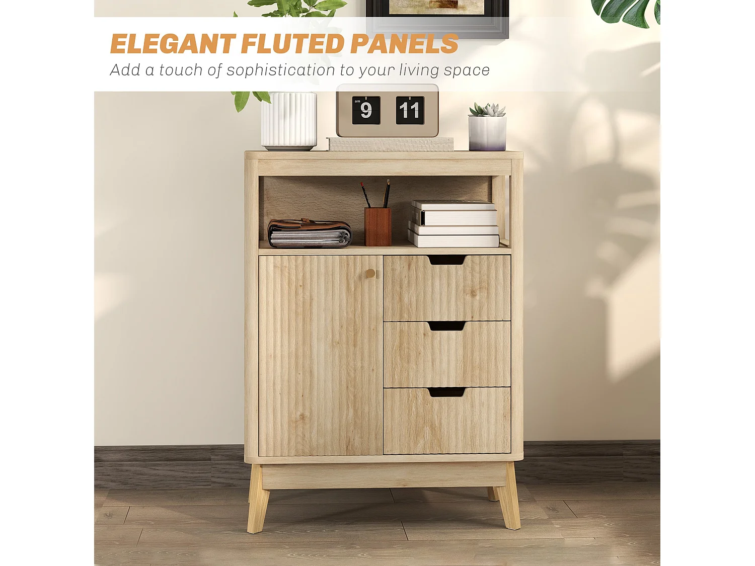 Cova Vira Sideboard Natural Wood Finish 3 Drawers Adjustable Shelf