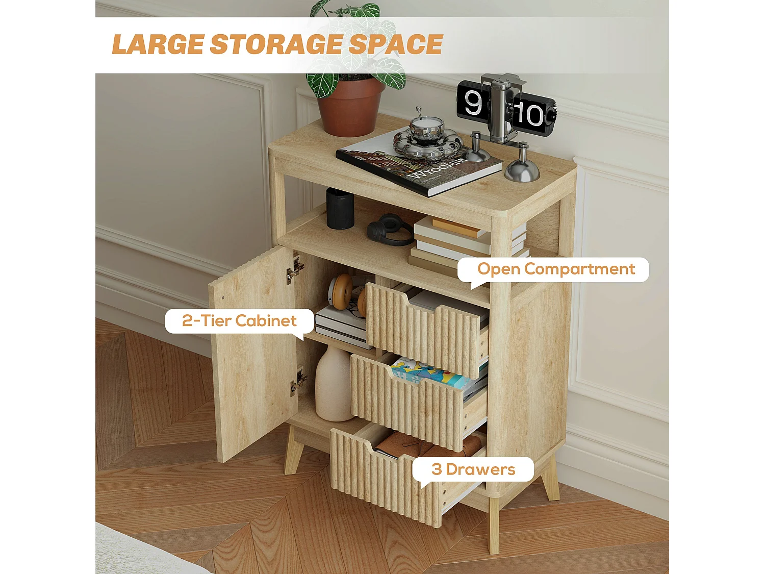 Cova Vira Sideboard Natural Wood Finish 3 Drawers Adjustable Shelf