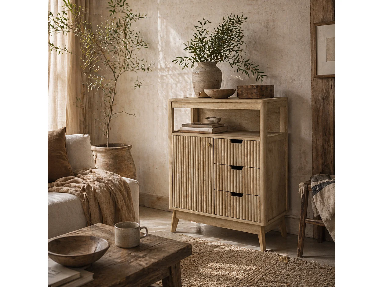 Cova Vira Sideboard Natural Wood Finish 3 Drawers Adjustable Shelf