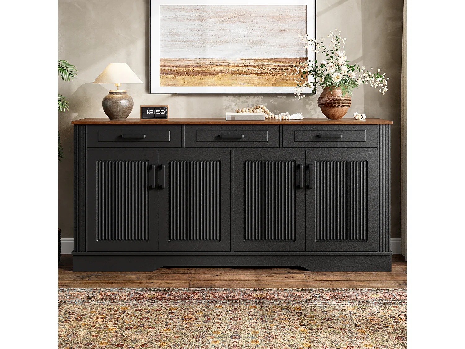 Moderne buffetkast 160 x 40 x 75 cm - 3 lades en 4 deuren - 3D verticaal streepdesign - MDF - zwart