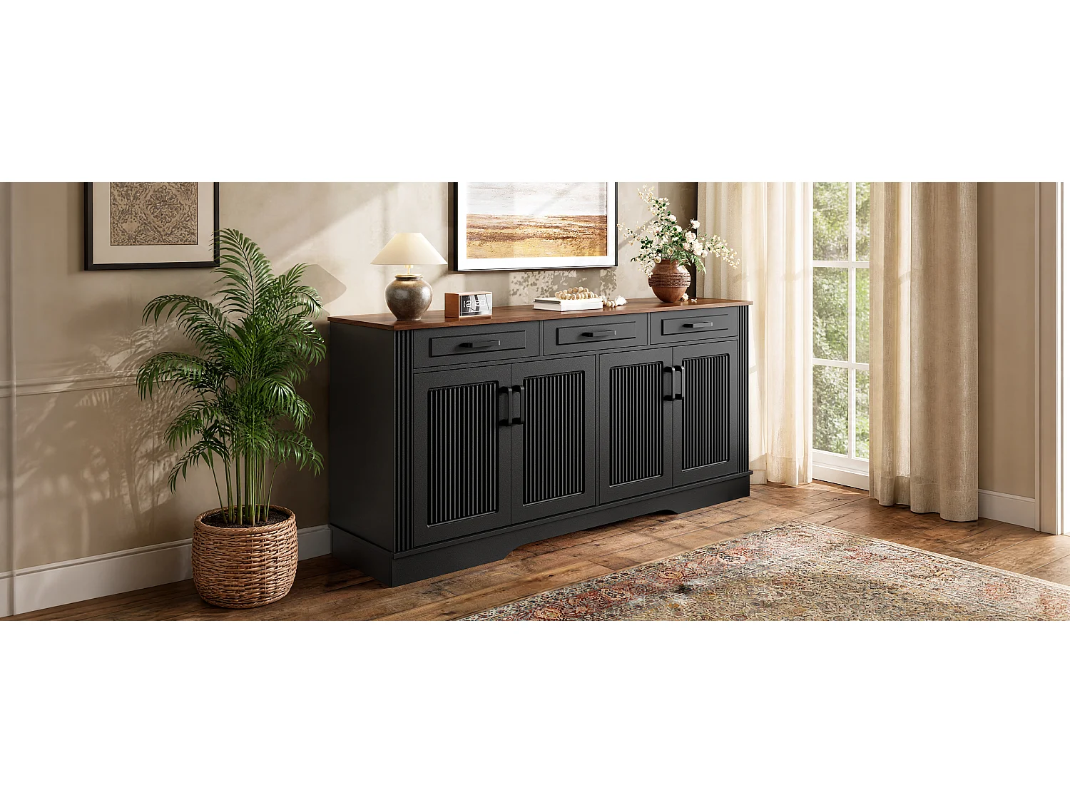 Moderne buffetkast 160 x 40 x 75 cm - 3 lades en 4 deuren - 3D verticaal streepdesign - MDF - zwart