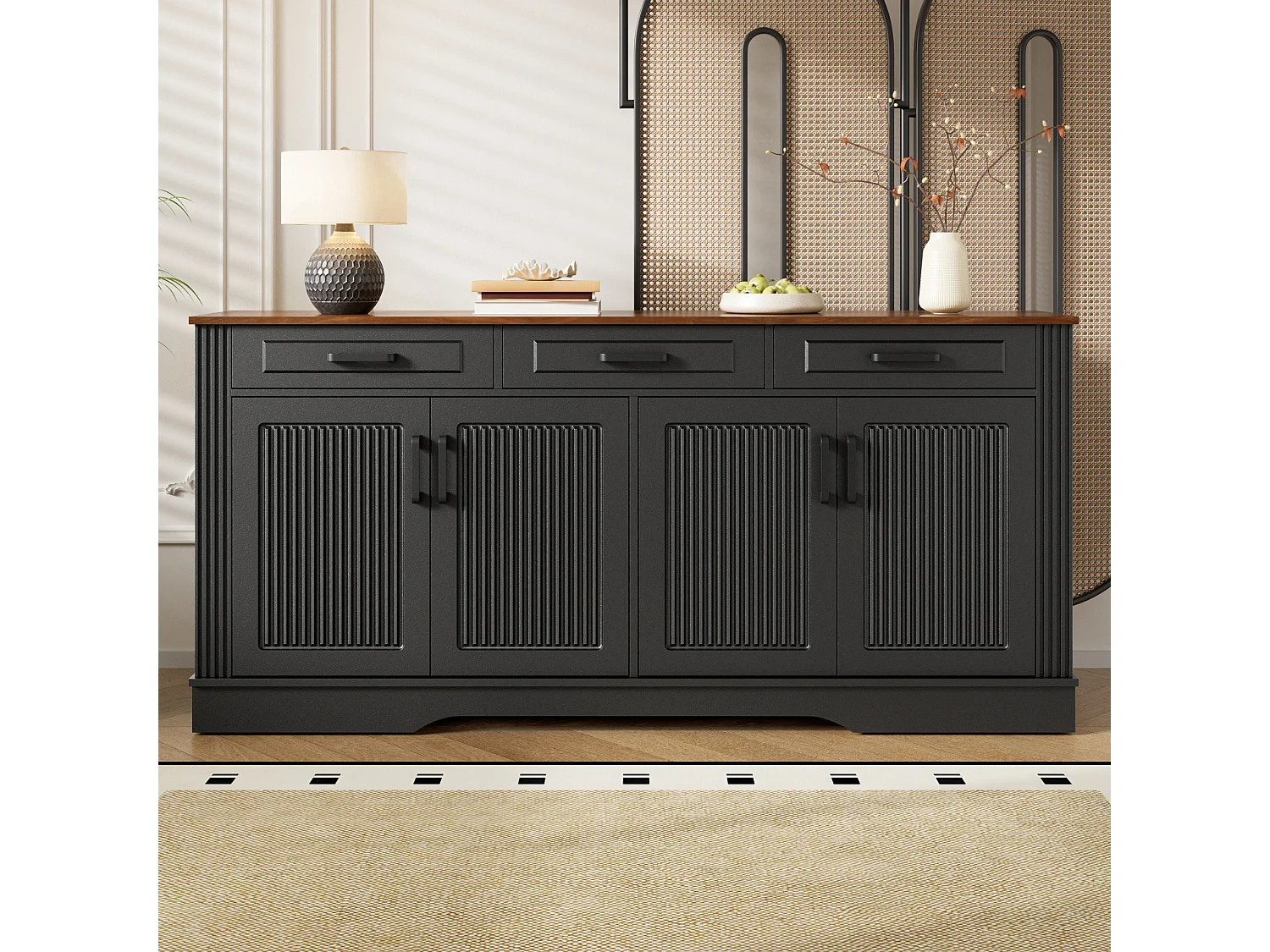 Moderne buffetkast 160 x 40 x 75 cm - 3 lades en 4 deuren - 3D verticaal streepdesign - MDF - zwart