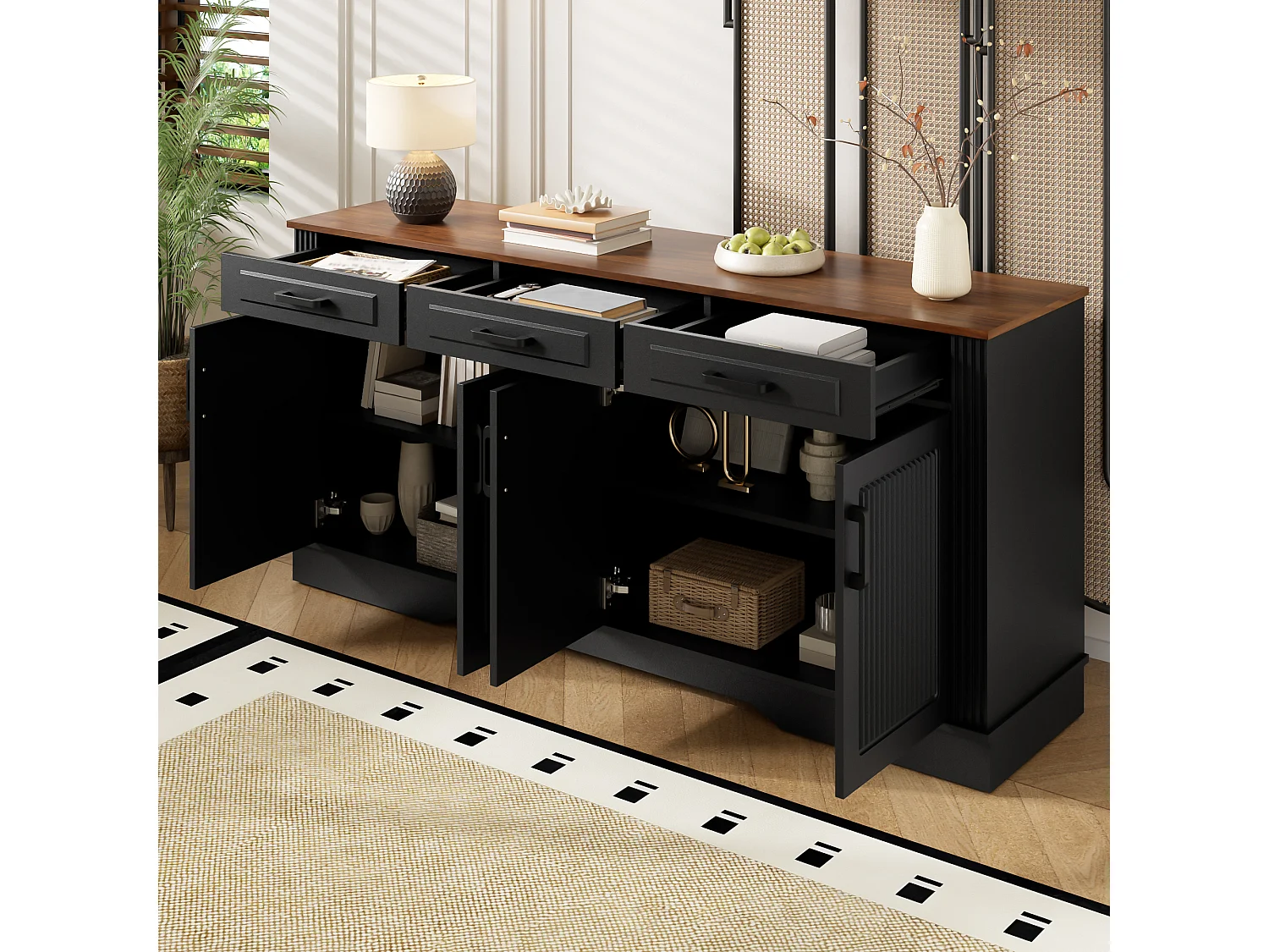 Moderne buffetkast 160 x 40 x 75 cm - 3 lades en 4 deuren - 3D verticaal streepdesign - MDF - zwart