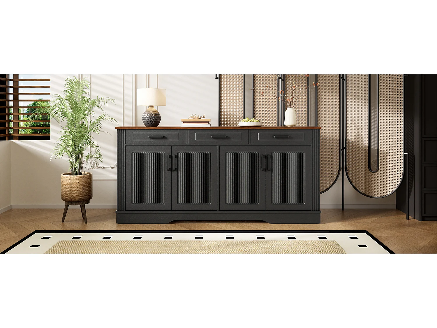 Moderne buffetkast 160 x 40 x 75 cm - 3 lades en 4 deuren - 3D verticaal streepdesign - MDF - zwart