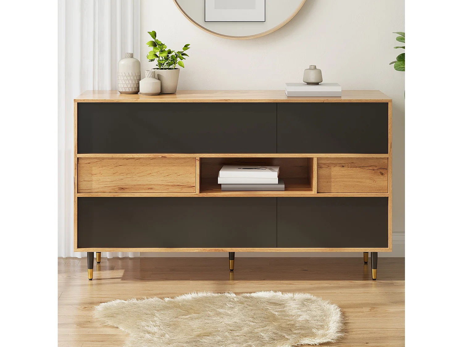 Moderne buffetkast 140 x 40 x 84,5 cm - 2 lades en 4 deuren - open planken - metalen poten - MDF - naturel en zwart