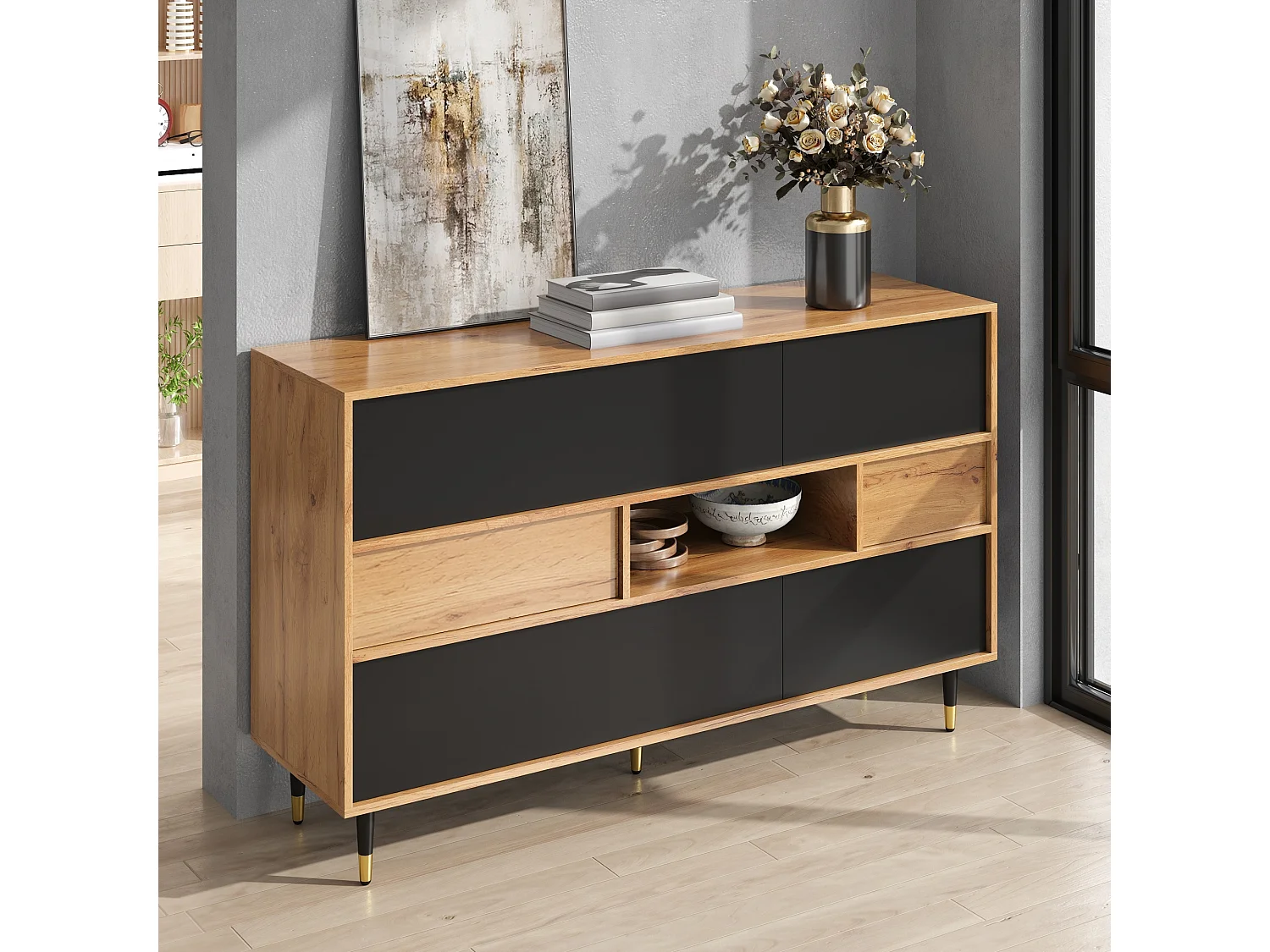 Moderne buffetkast 140 x 40 x 84,5 cm - 2 lades en 4 deuren - open planken - metalen poten - MDF - naturel en zwart