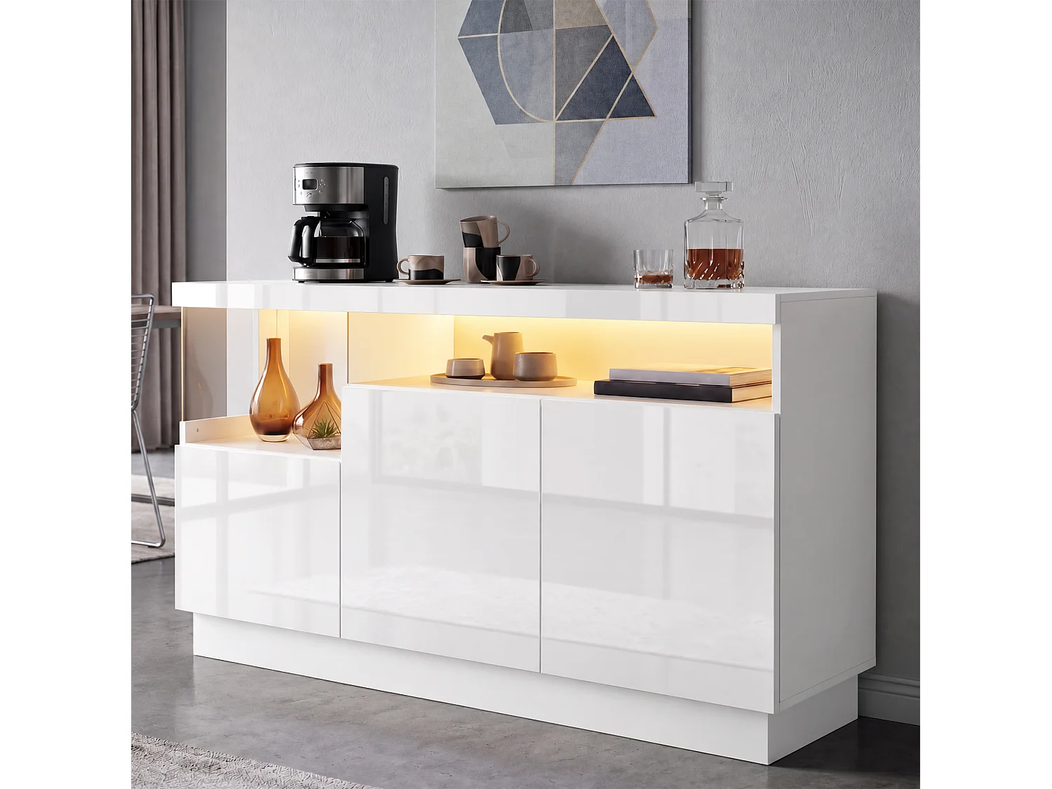 Buffet moderne avec éclairage LED 140x36x80 cm - 4 portes laquées brillantes - Étagères acryliques - MDF - Blanc