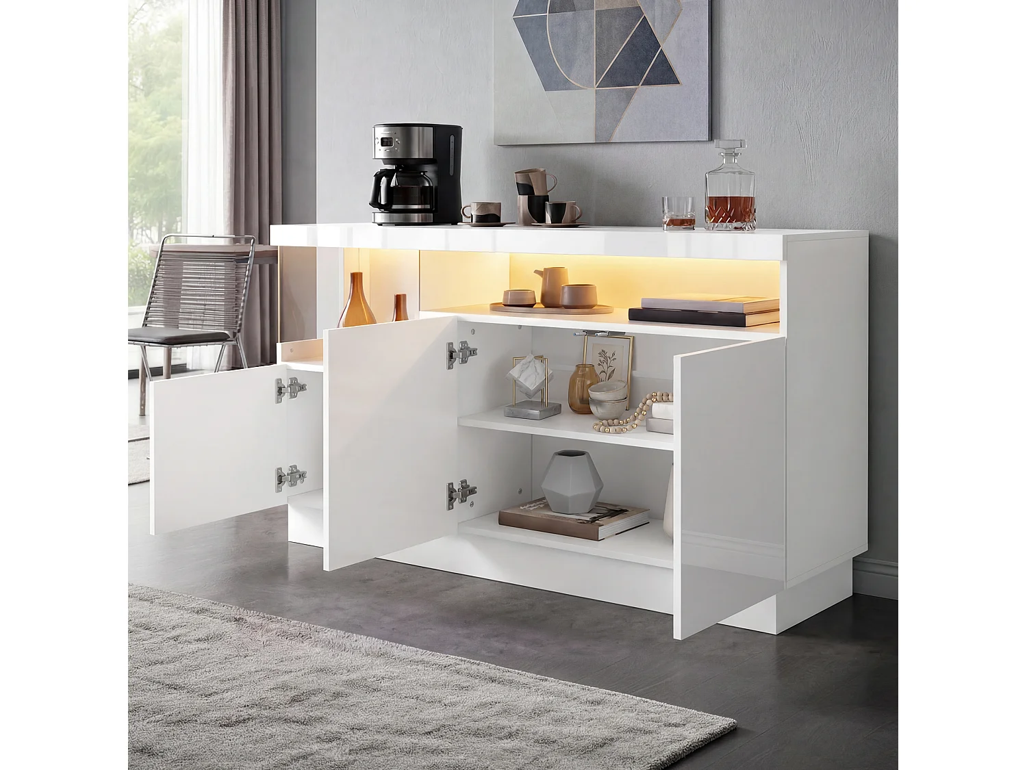 Buffet moderne avec éclairage LED 140x36x80 cm - 4 portes laquées brillantes - Étagères acryliques - MDF - Blanc