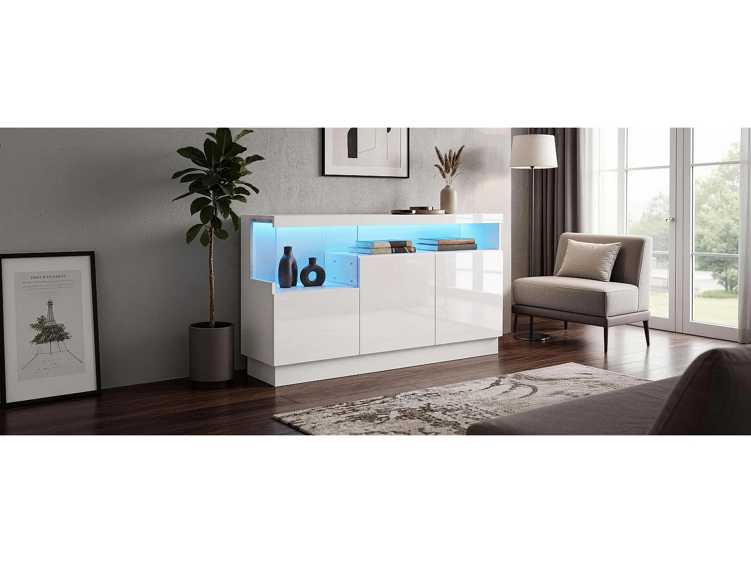 Buffet moderne avec éclairage LED 140x36x80 cm - 4 portes laquées brillantes - Étagères acryliques - MDF - Blanc