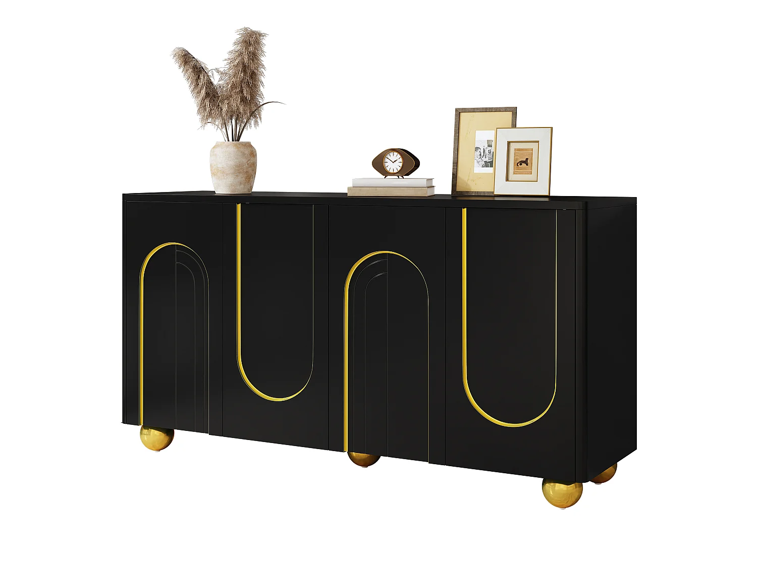 Dressoir voor de woonkamer 140 x 40 x 74 cm - 4 deuren - Gouden boogdecoratie - Bolvormige metalen poten - MDF - Zwart