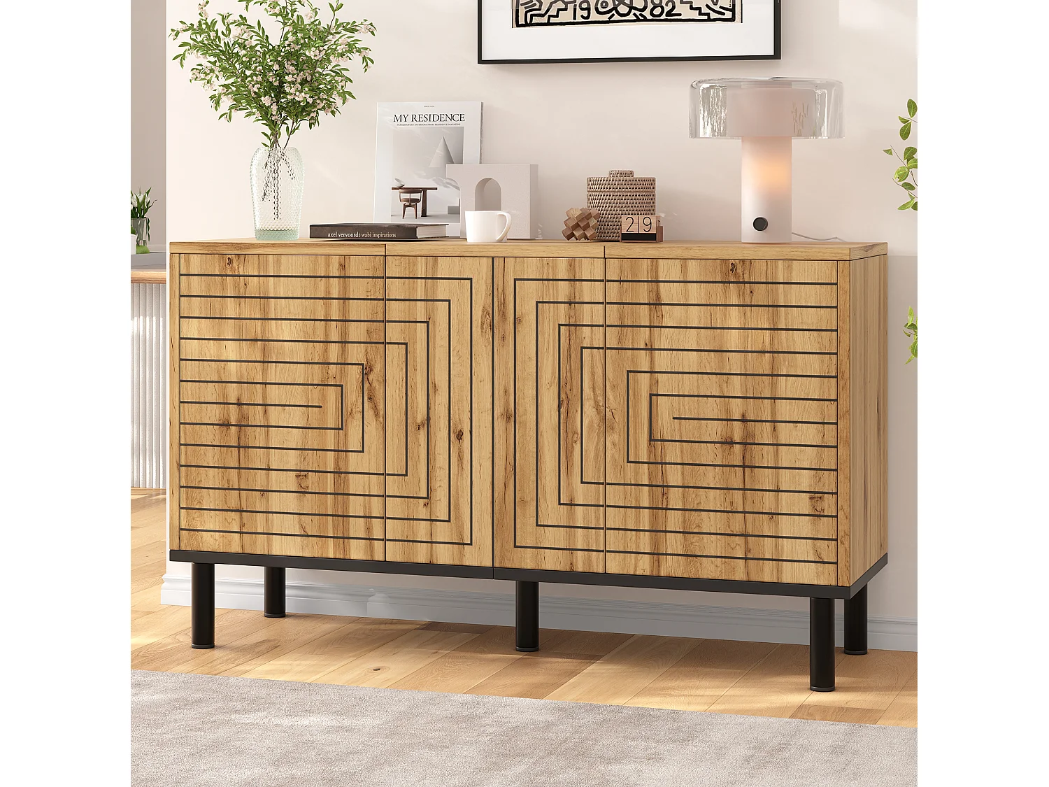 Buffet à motif ondulé 120×35×68 cm - 3 portes avec fermeture amortie - MDF - Couleur naturelle