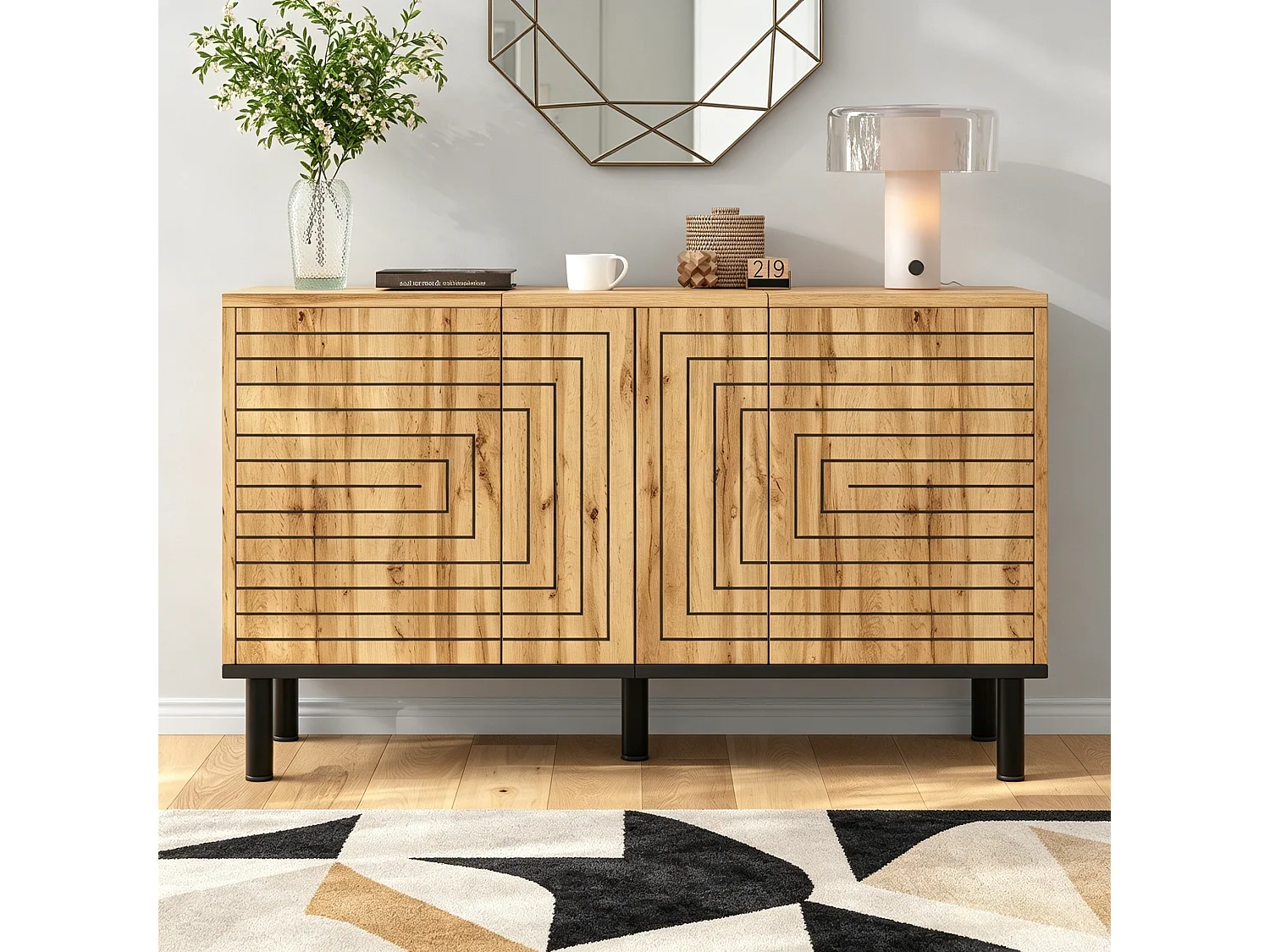 Buffet à motif ondulé 120×35×68 cm - 3 portes avec fermeture amortie - MDF - Couleur naturelle