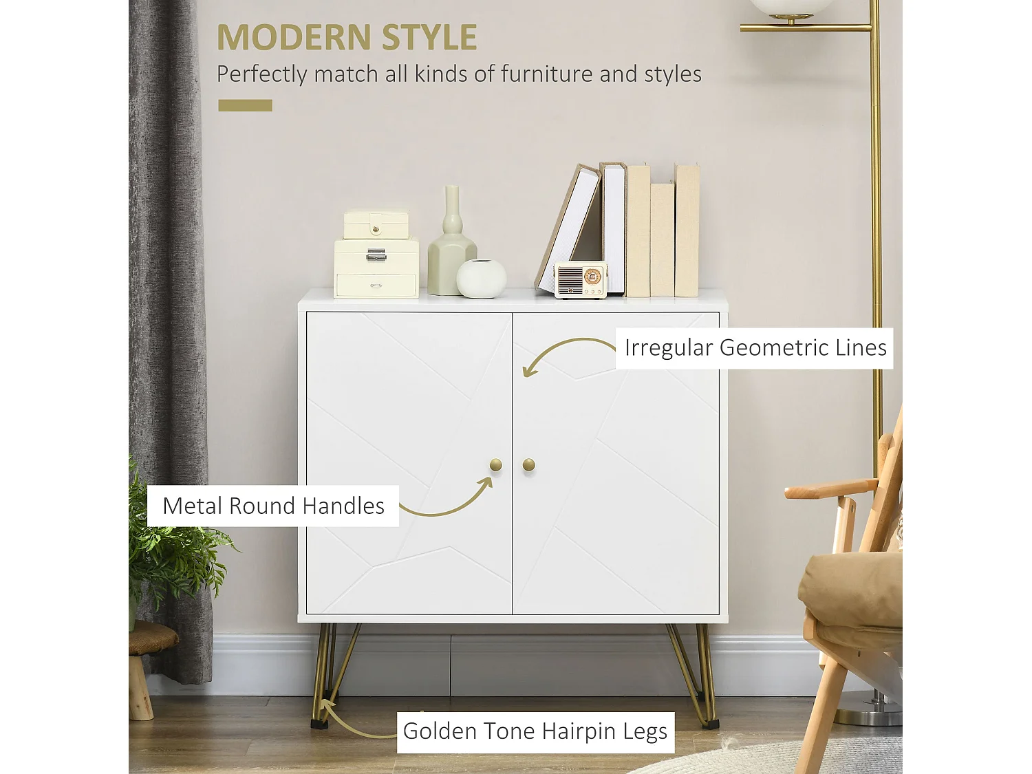 Vifiva Slim White Sideboard with Gold Hairpin Legs 2 Doors