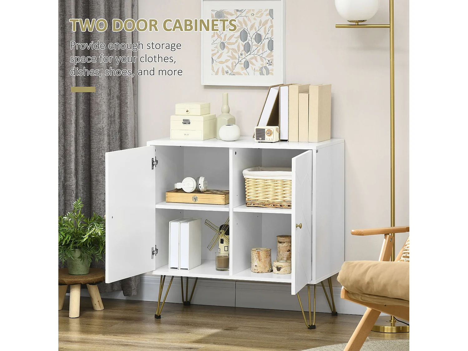 Vifiva Slim White Sideboard with Gold Hairpin Legs 2 Doors