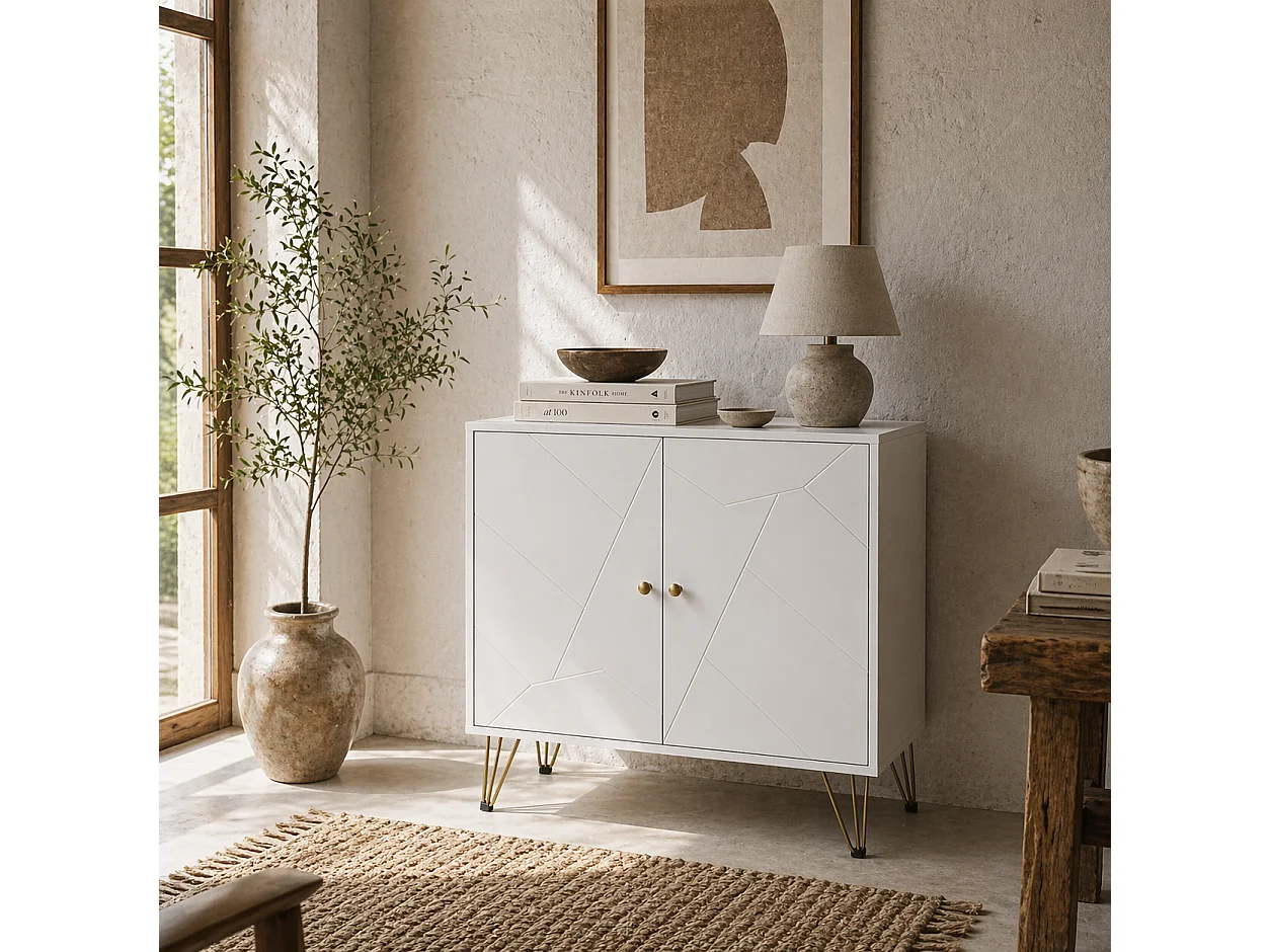 Vifiva Slim White Sideboard with Gold Hairpin Legs 2 Doors