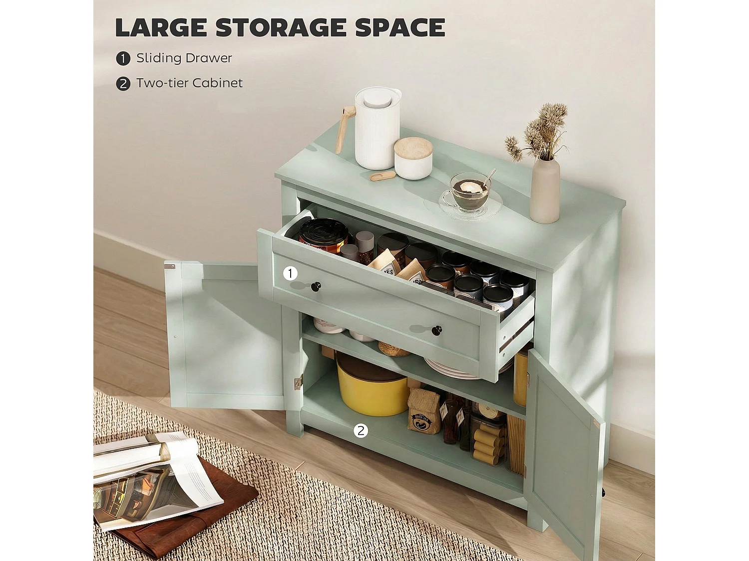 Luhaso Green Modern Sideboard Double Doors Adjustable Shelf Drawer
