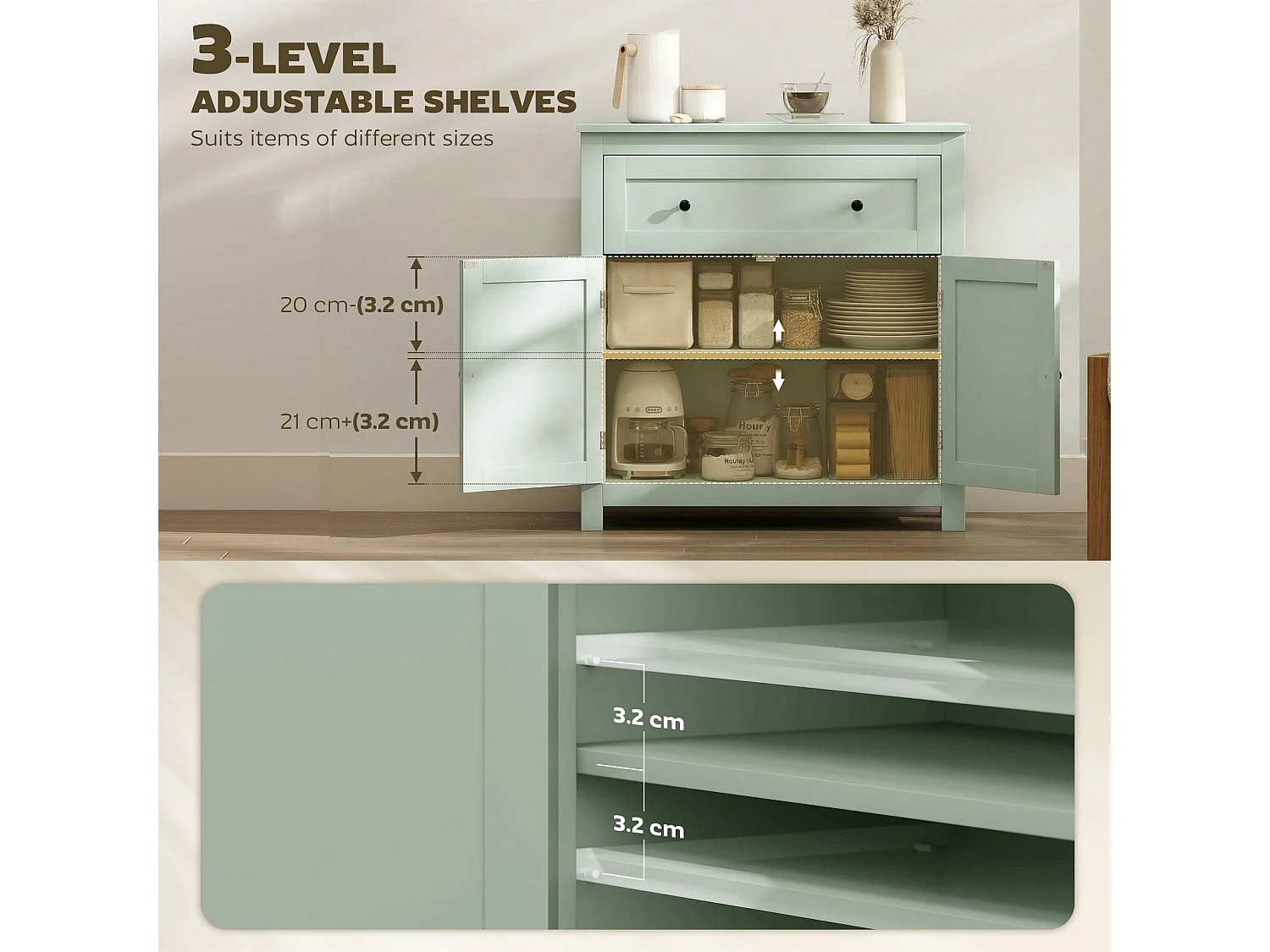 Luhaso Green Modern Sideboard Double Doors Adjustable Shelf Drawer