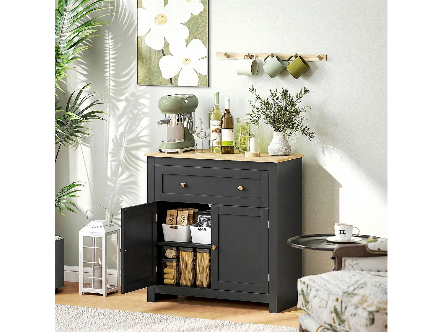 Elrere Black Sideboard Cabinet with Drawer Adjustable Shelf and Double Doors