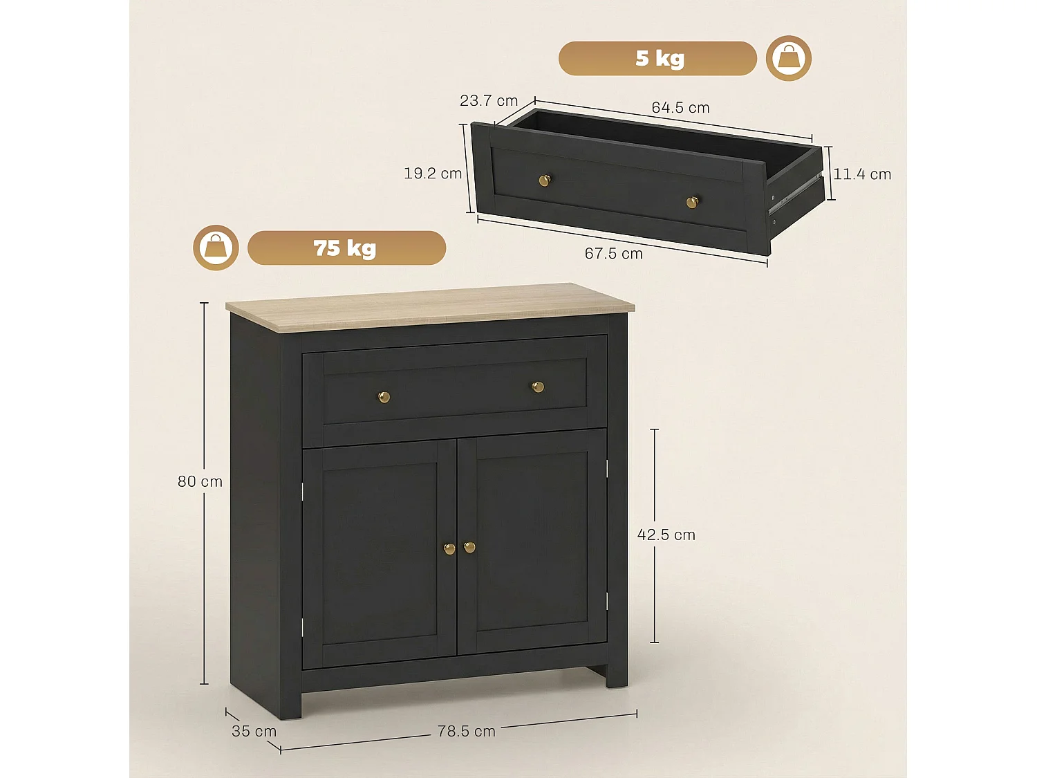 Elrere Black Sideboard Cabinet with Drawer Adjustable Shelf and Double Doors