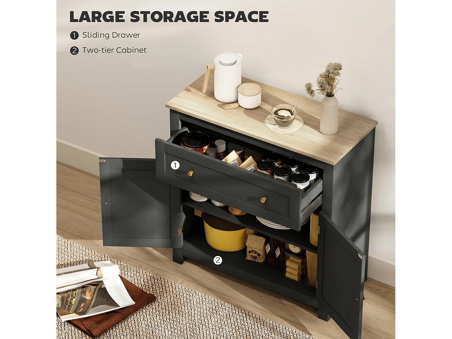 Elrere Black Sideboard Cabinet with Drawer Adjustable Shelf and Double Doors