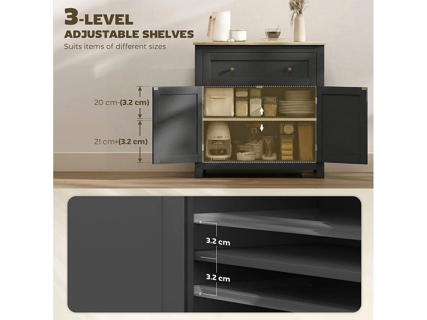 Elrere Black Sideboard Cabinet with Drawer Adjustable Shelf and Double Doors