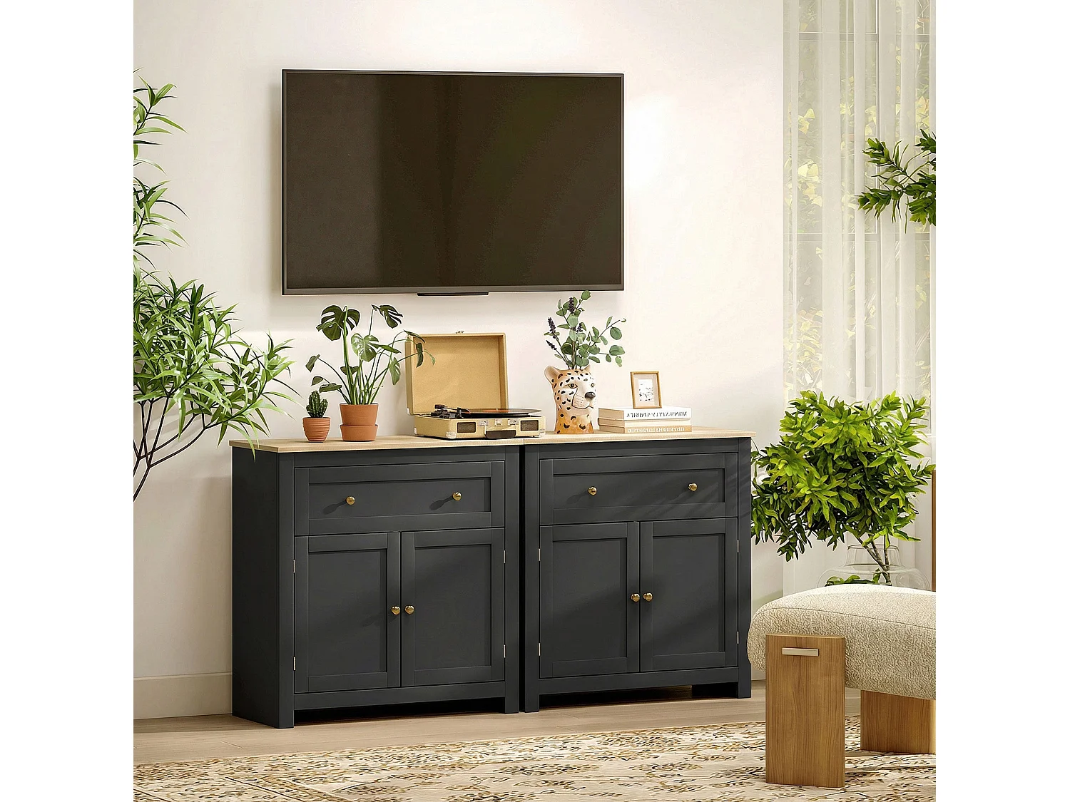 Elrere Black Sideboard Cabinet with Drawer Adjustable Shelf and Double Doors