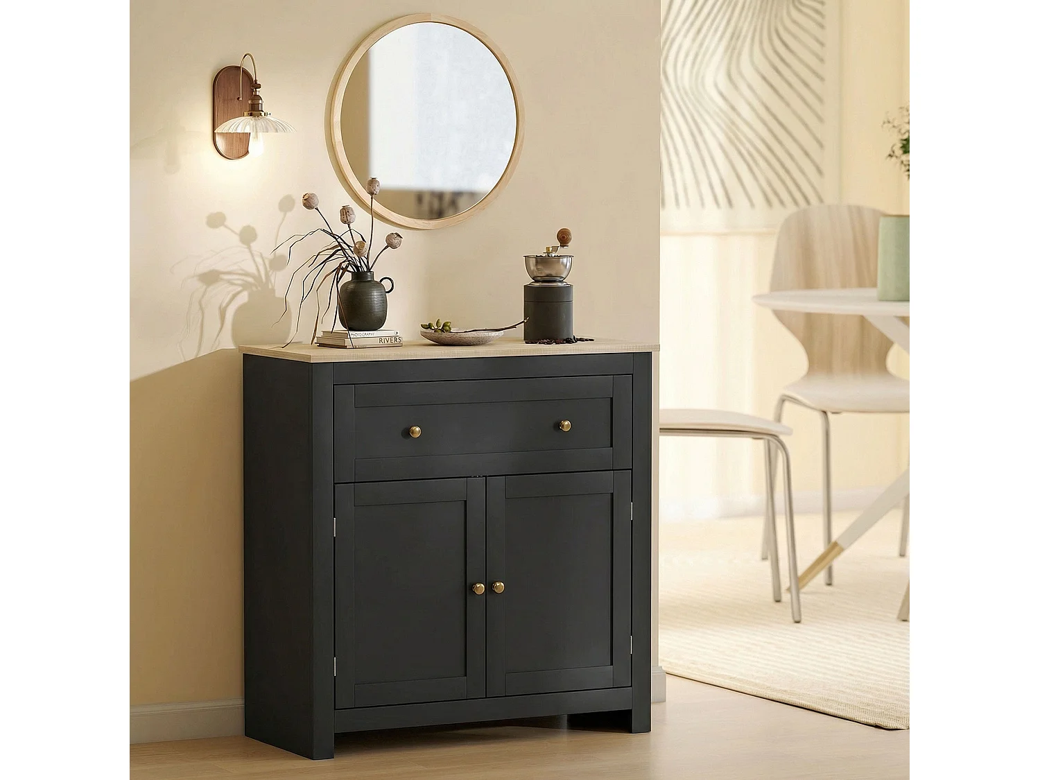 Elrere Black Sideboard Cabinet with Drawer Adjustable Shelf and Double Doors