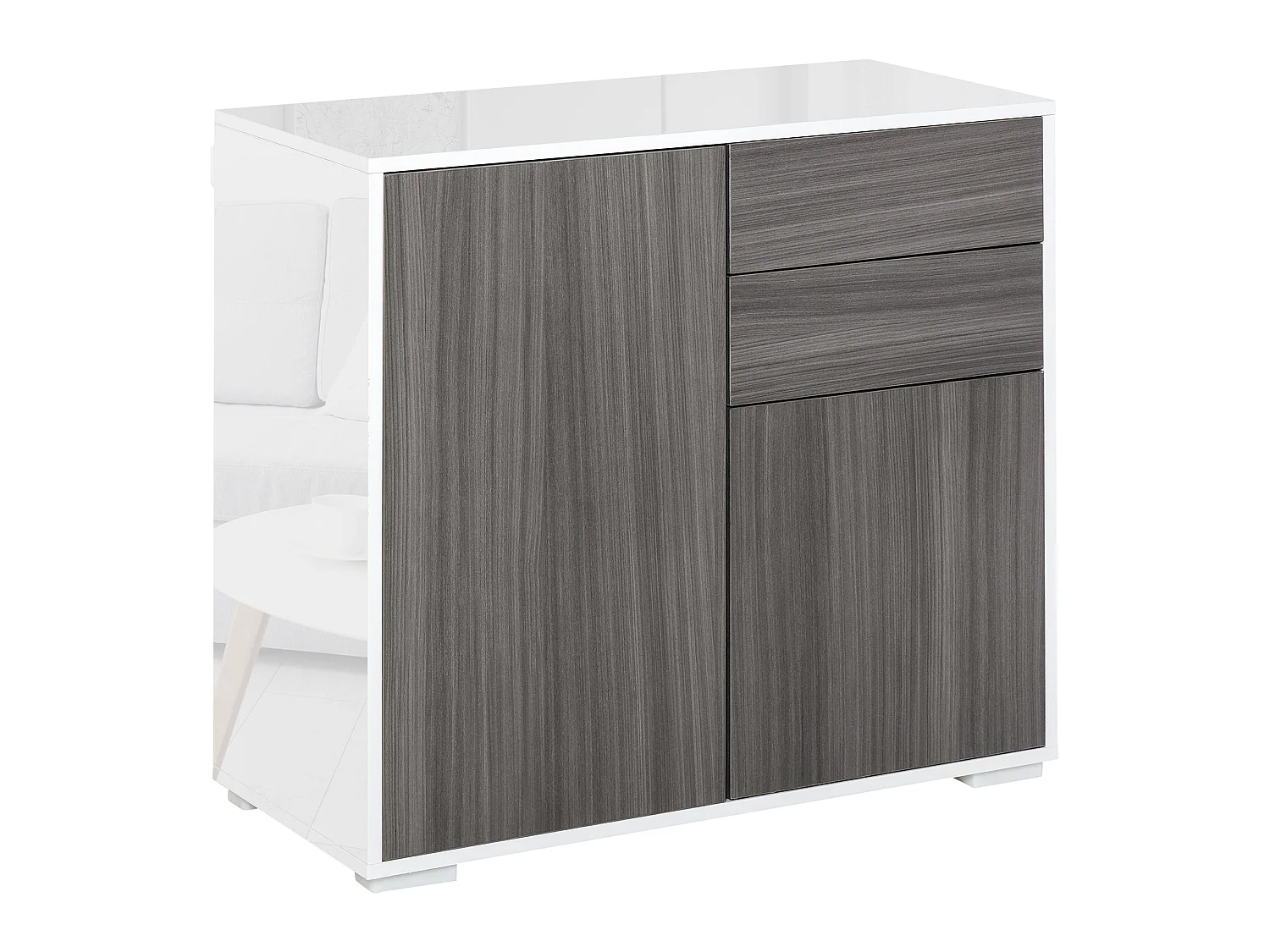Luel High Gloss White and Light Grey Wood Effect Compact Sideboard 2 Doors Push Open Drawers