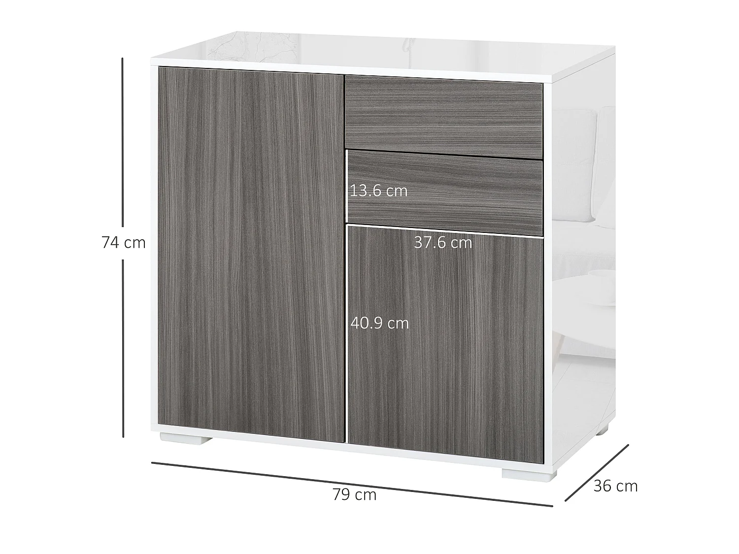 Luel High Gloss White and Light Grey Wood Effect Compact Sideboard 2 Doors Push Open Drawers