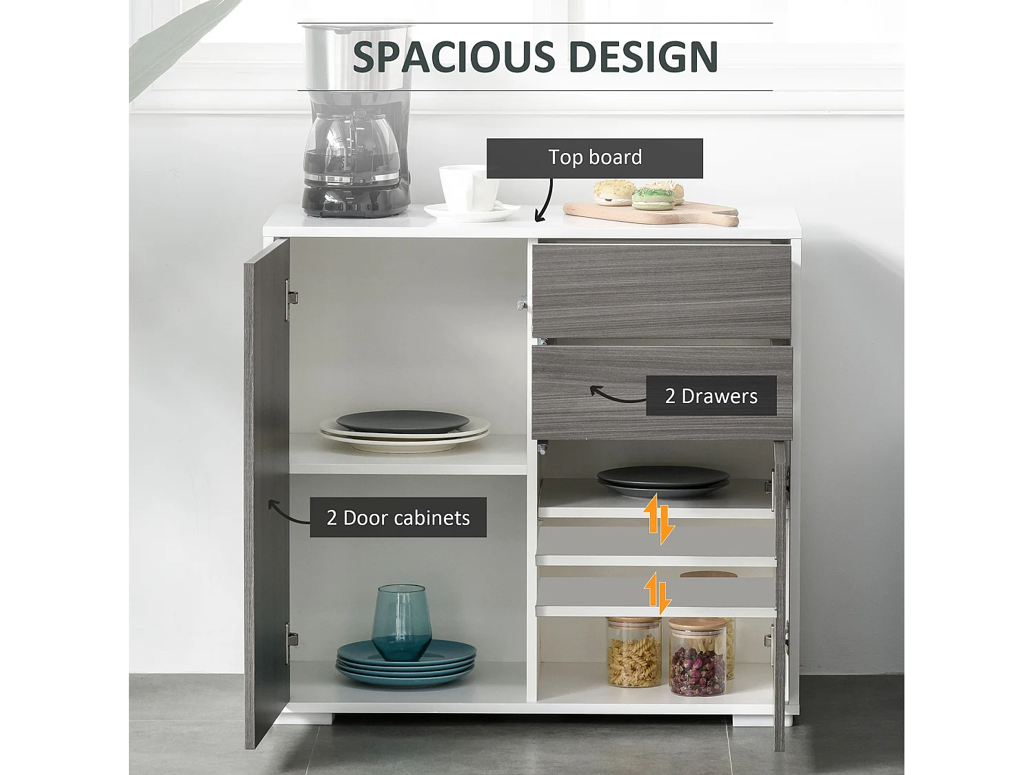 Luel High Gloss White and Light Grey Wood Effect Compact Sideboard 2 Doors Push Open Drawers