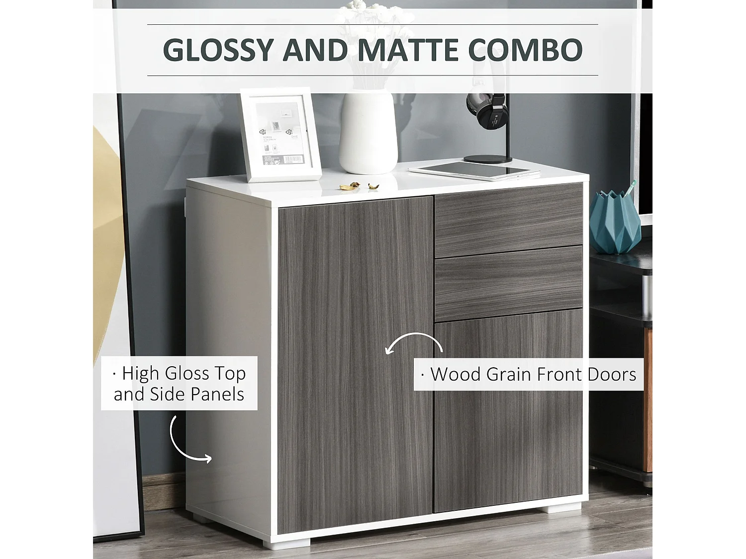 Luel High Gloss White and Light Grey Wood Effect Compact Sideboard 2 Doors Push Open Drawers