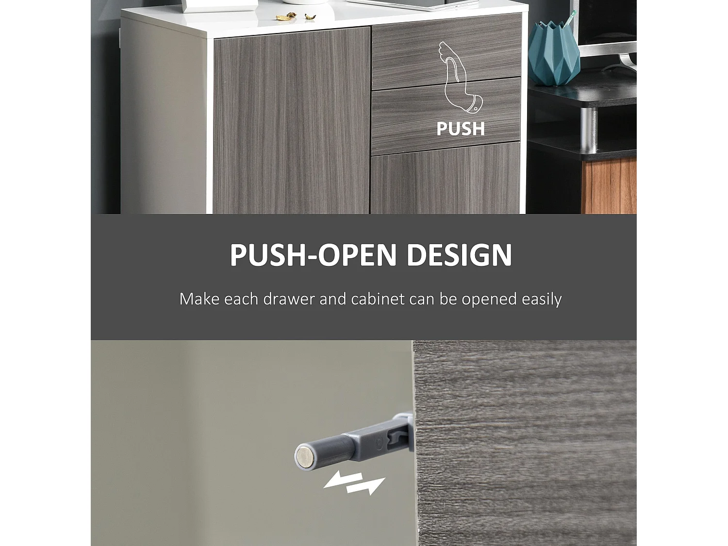 Luel High Gloss White and Light Grey Wood Effect Compact Sideboard 2 Doors Push Open Drawers