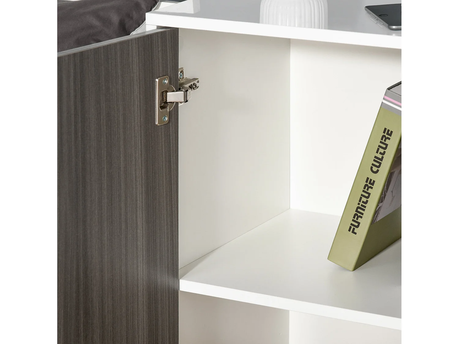 Luel High Gloss White and Light Grey Wood Effect Compact Sideboard 2 Doors Push Open Drawers