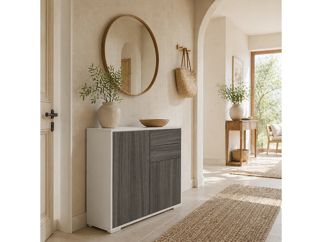 Luel High Gloss White and Light Grey Wood Effect Compact Sideboard 2 Doors Push Open Drawers