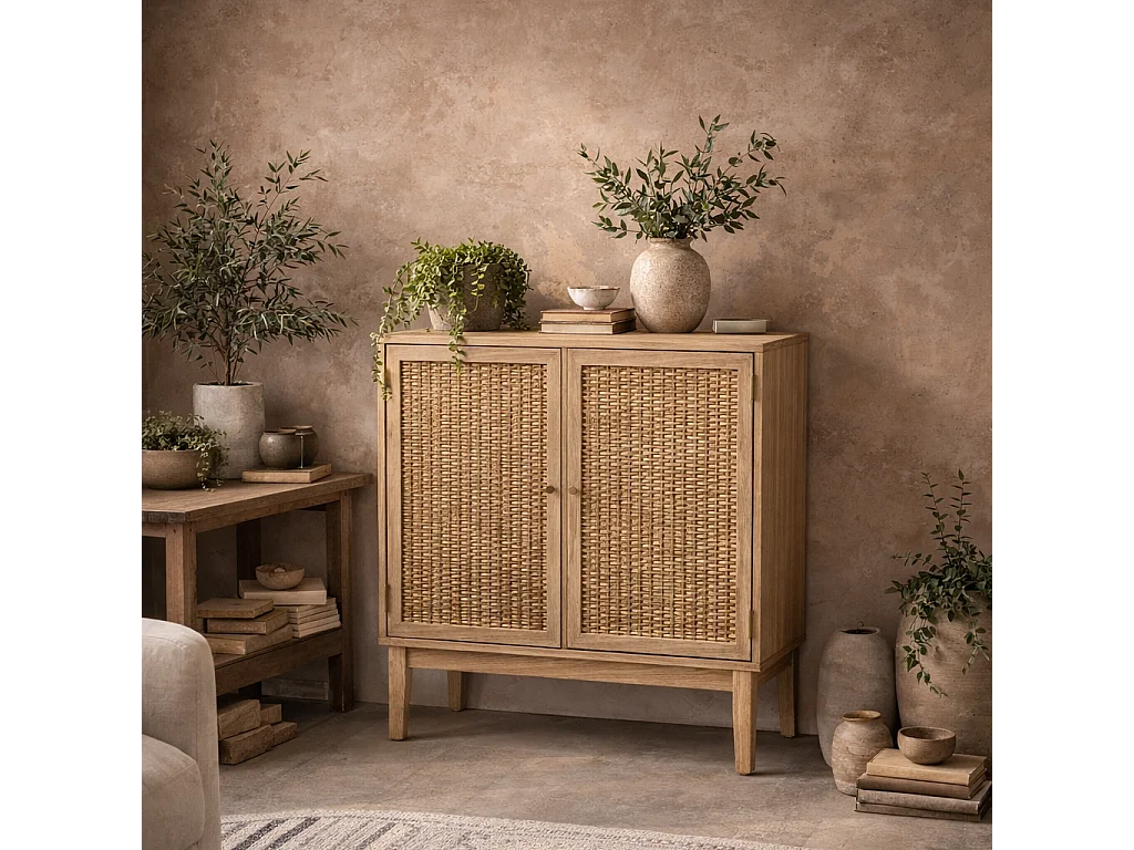 Waterford Oak and Rattan 2 Door Small Sideboard