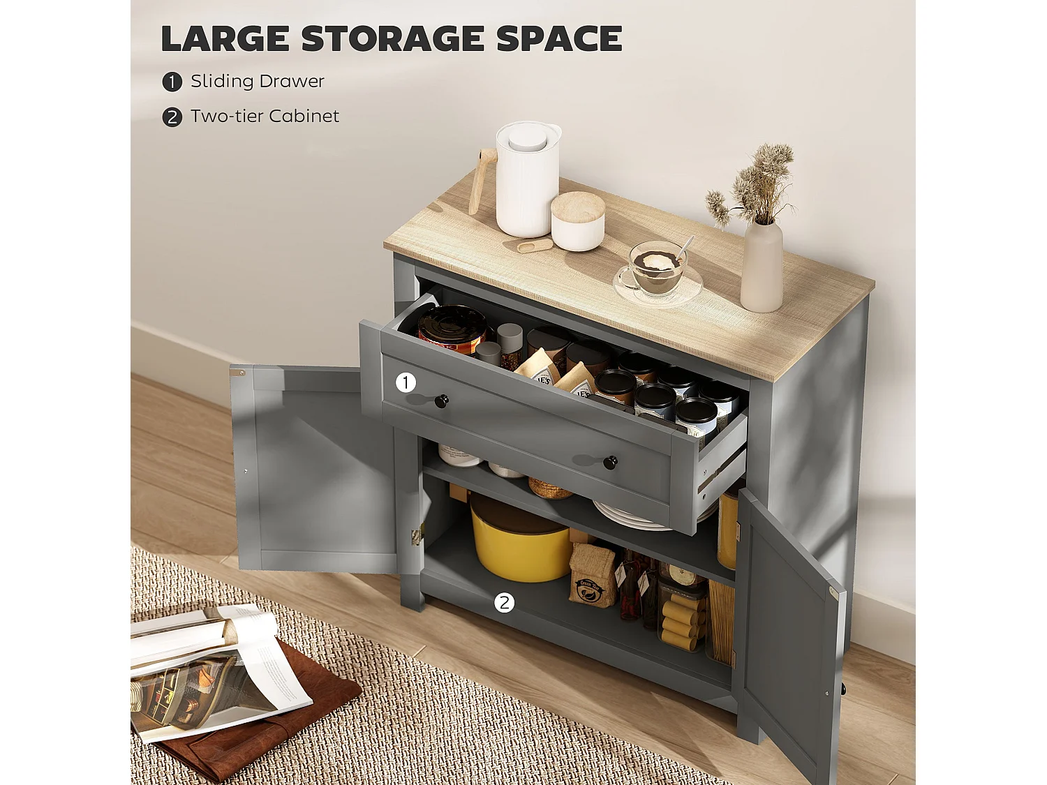 Venisa Grey and Oak Sideboard Modern Storage Cabinet with Drawer and Double Doors