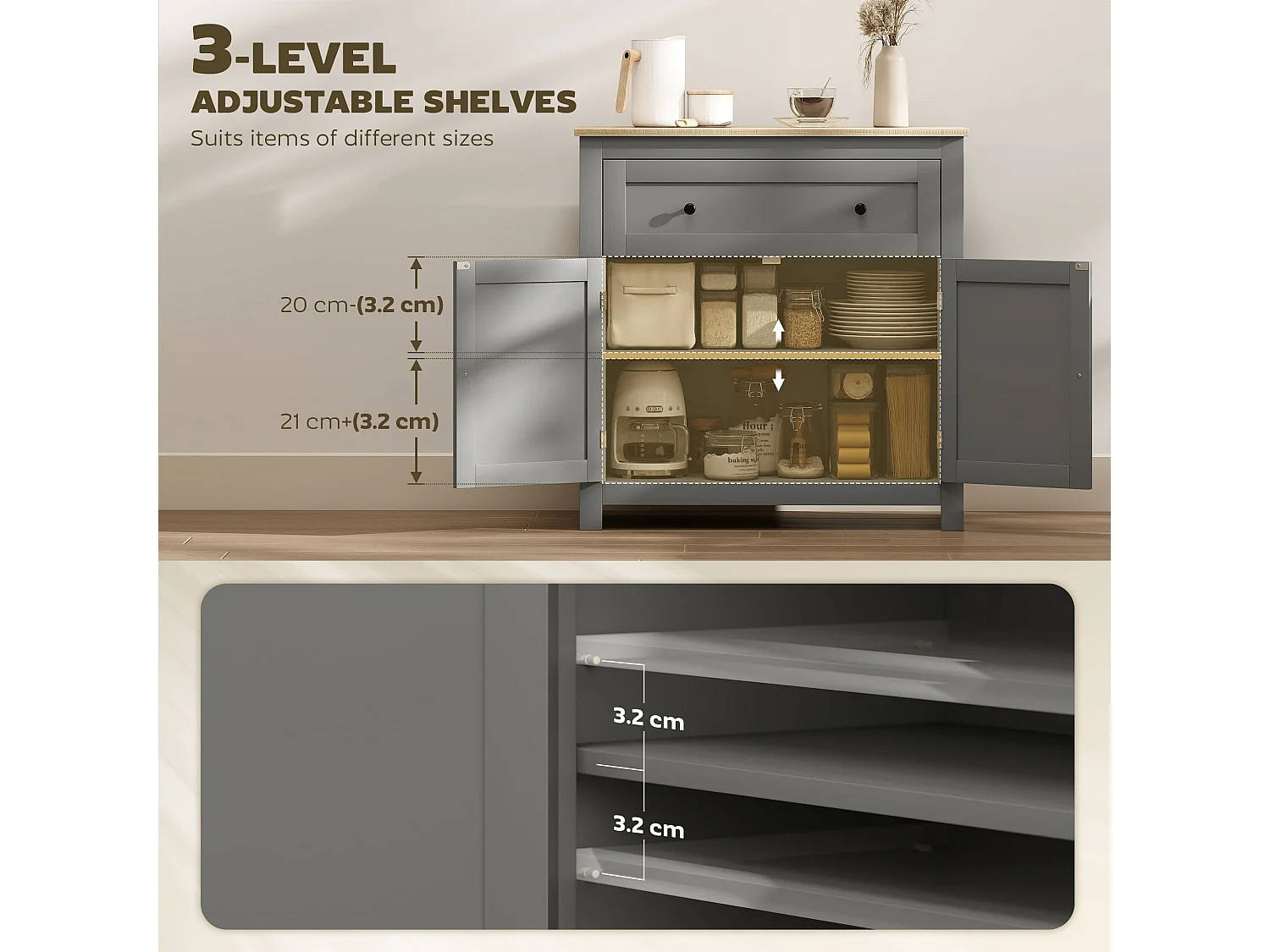 Venisa Grey and Oak Sideboard Modern Storage Cabinet with Drawer and Double Doors