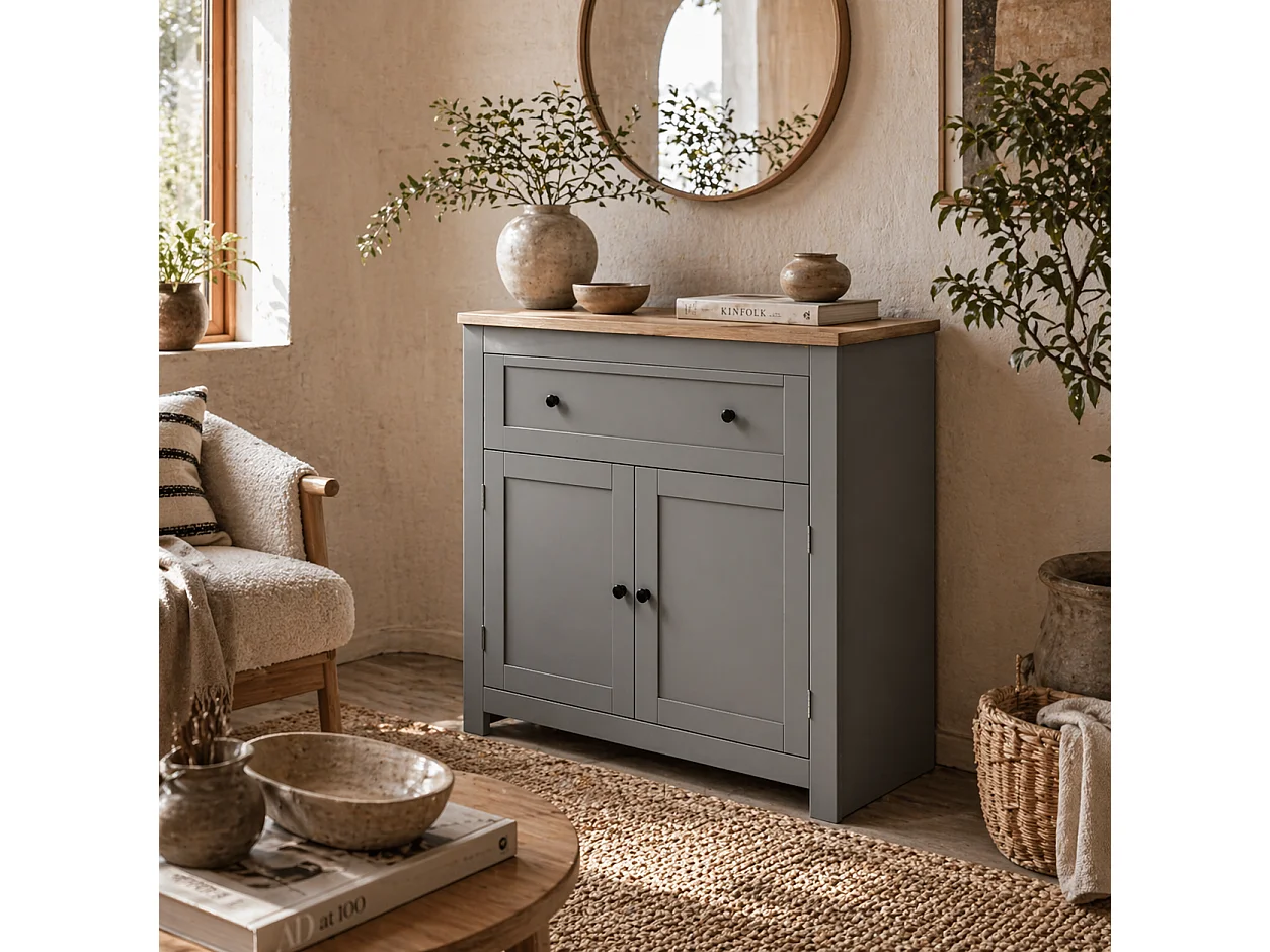 Venisa Grey and Oak Sideboard Modern Storage Cabinet with Drawer and Double Doors