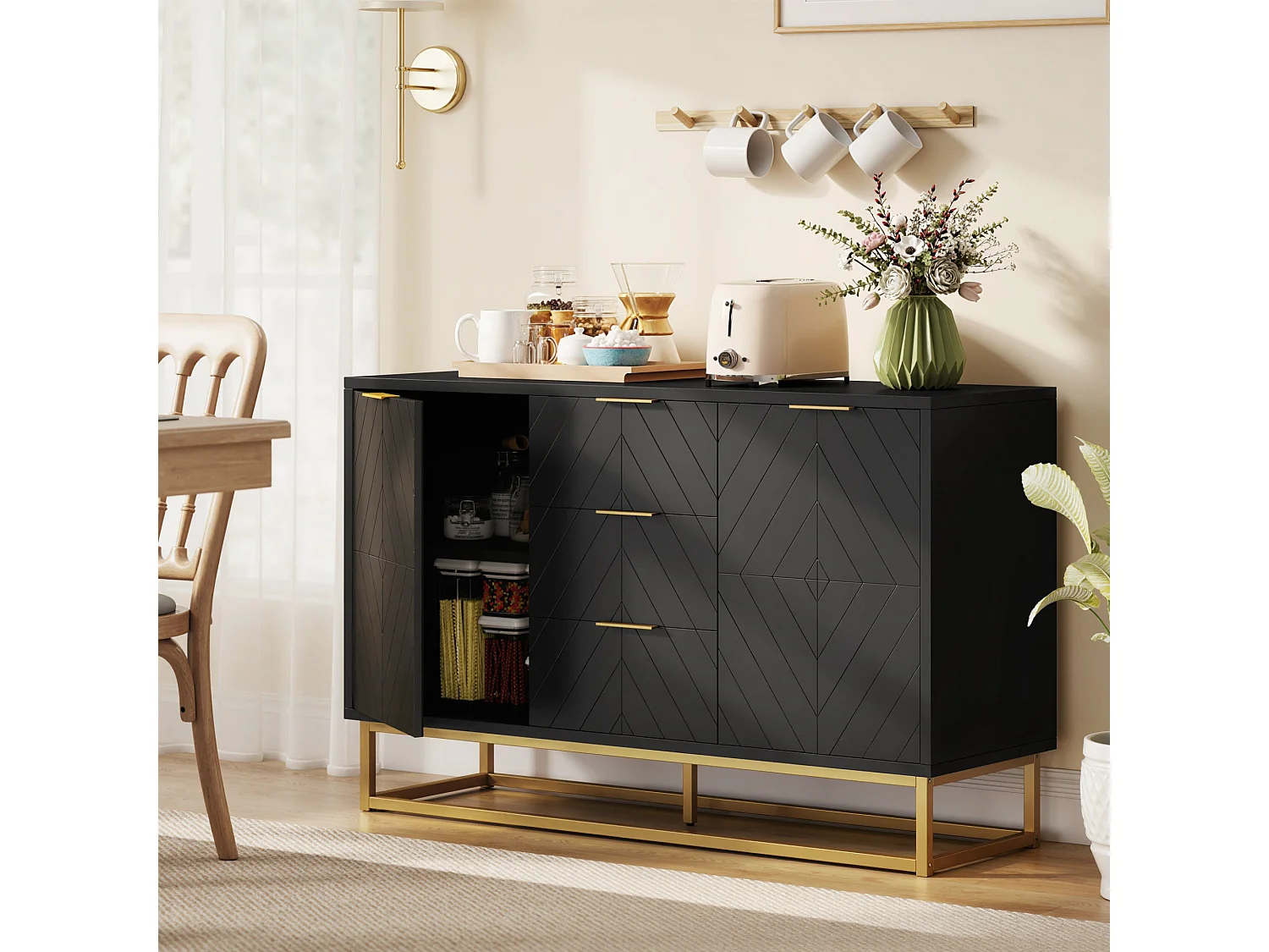 Varase Black Sideboard 120cm 3 Drawers 2 Doors Gold Tone Accents