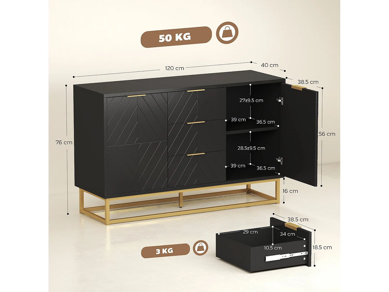 Varase Black Sideboard 120cm 3 Drawers 2 Doors Gold Tone Accents