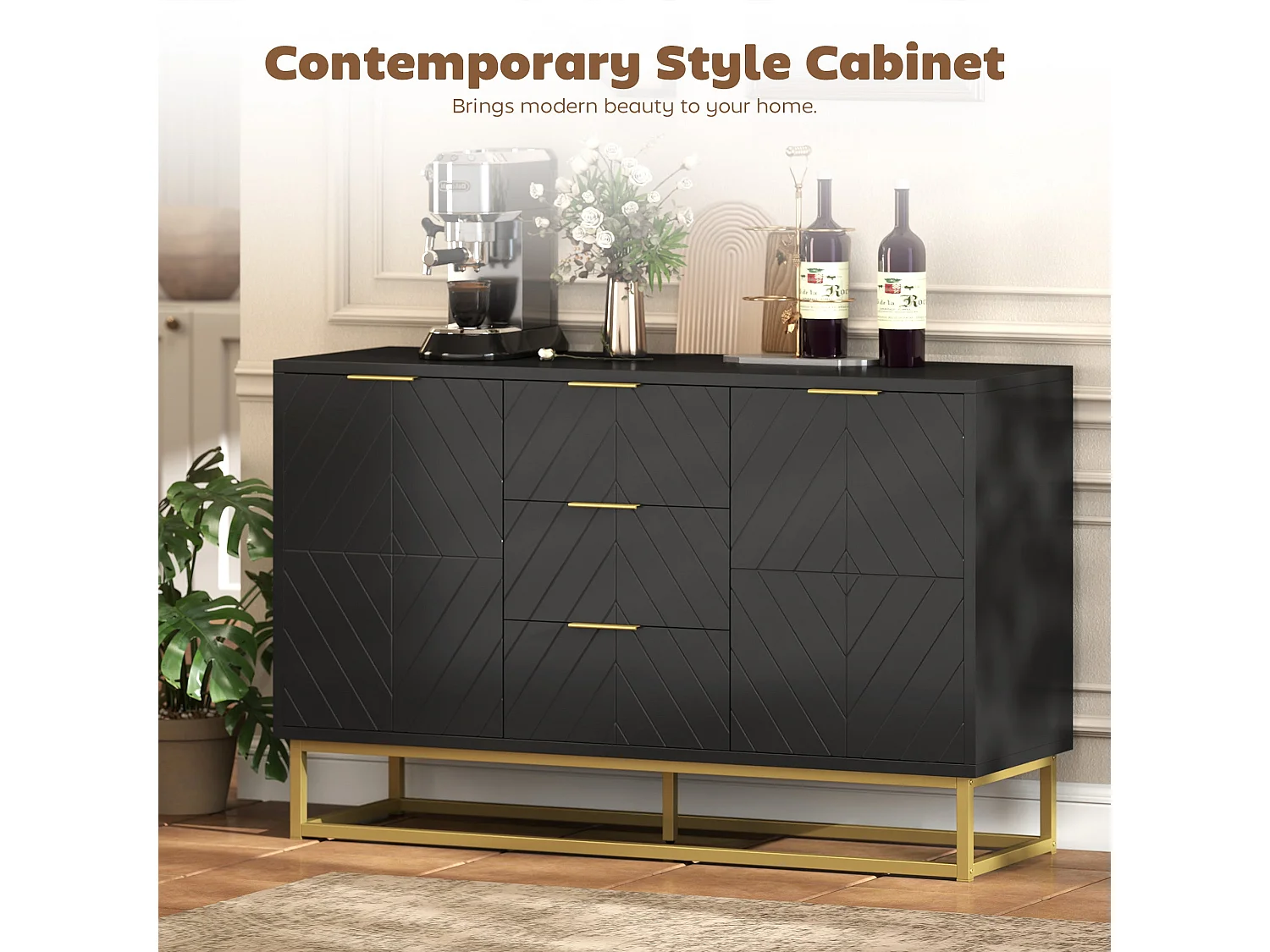 Varase Black Sideboard 120cm 3 Drawers 2 Doors Gold Tone Accents