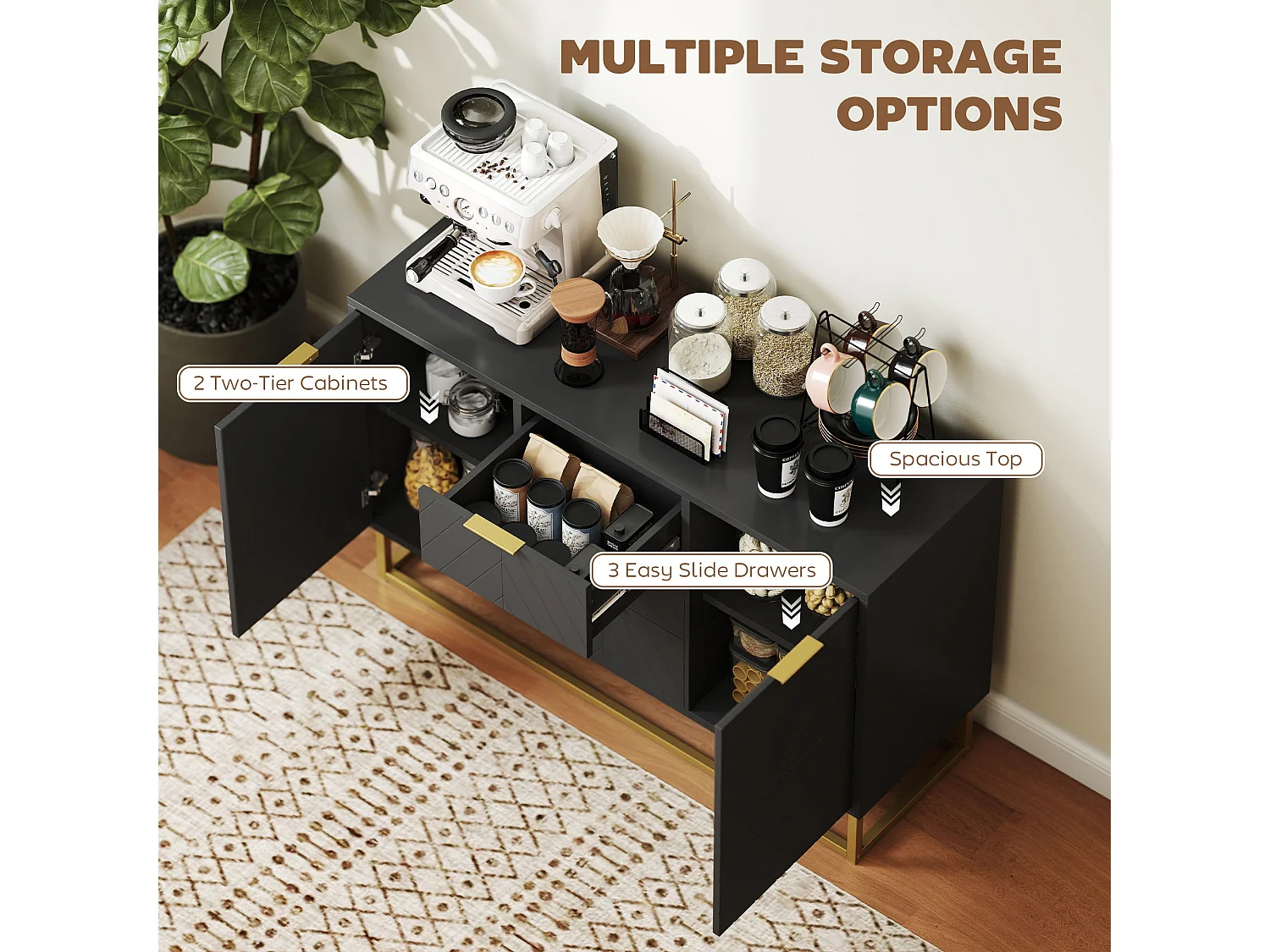 Varase Black Sideboard 120cm 3 Drawers 2 Doors Gold Tone Accents